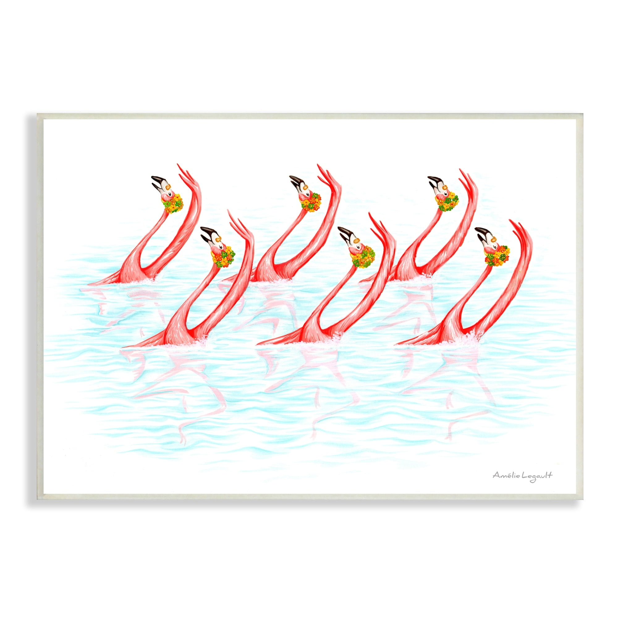 Stupell Industries Six Flamingoes Birds Synchronized Swimming Floral Caps Graphic Art Unframed Art Print Wall Art, Design by Amelie Legault