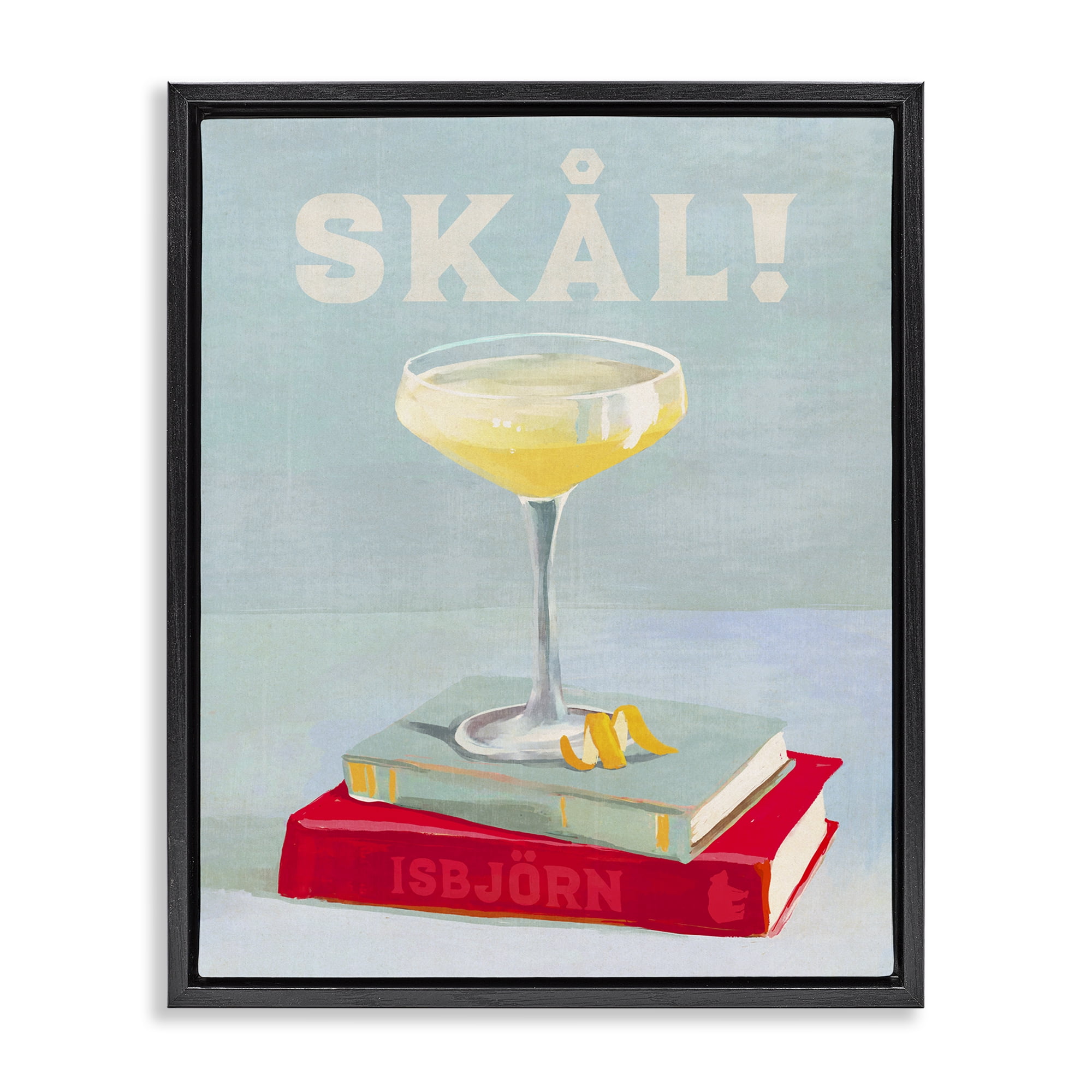 Stupell Industries Skal Cocktail & Bookstack Food & Beverage Painting Black Floater Framed Canvas Art Print Wall Art, 25 x 31