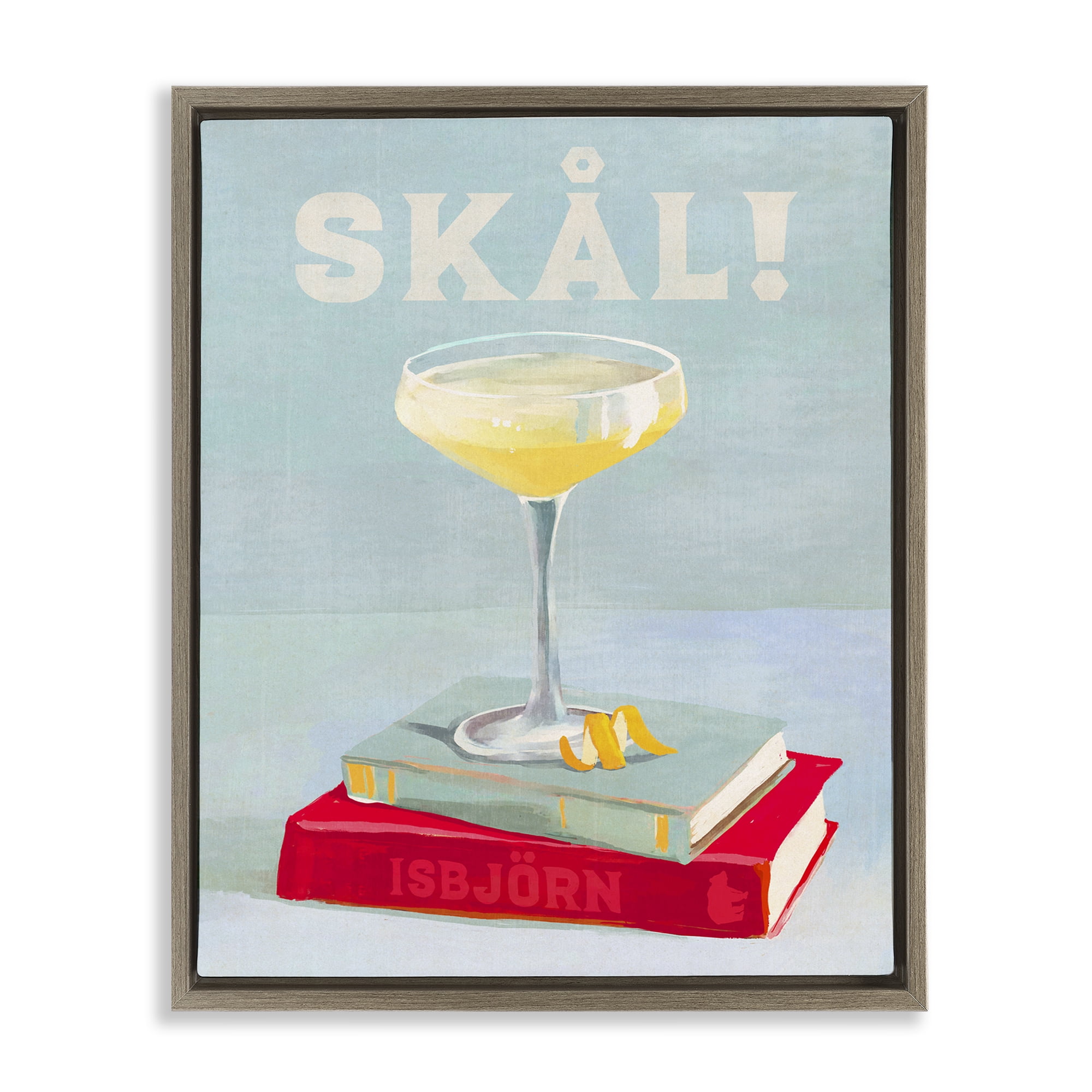 Stupell Industries Skal Cocktail & Bookstack Food & Beverage Painting Brown Floater Framed Canvas Art Print Wall Art, 17 x 21