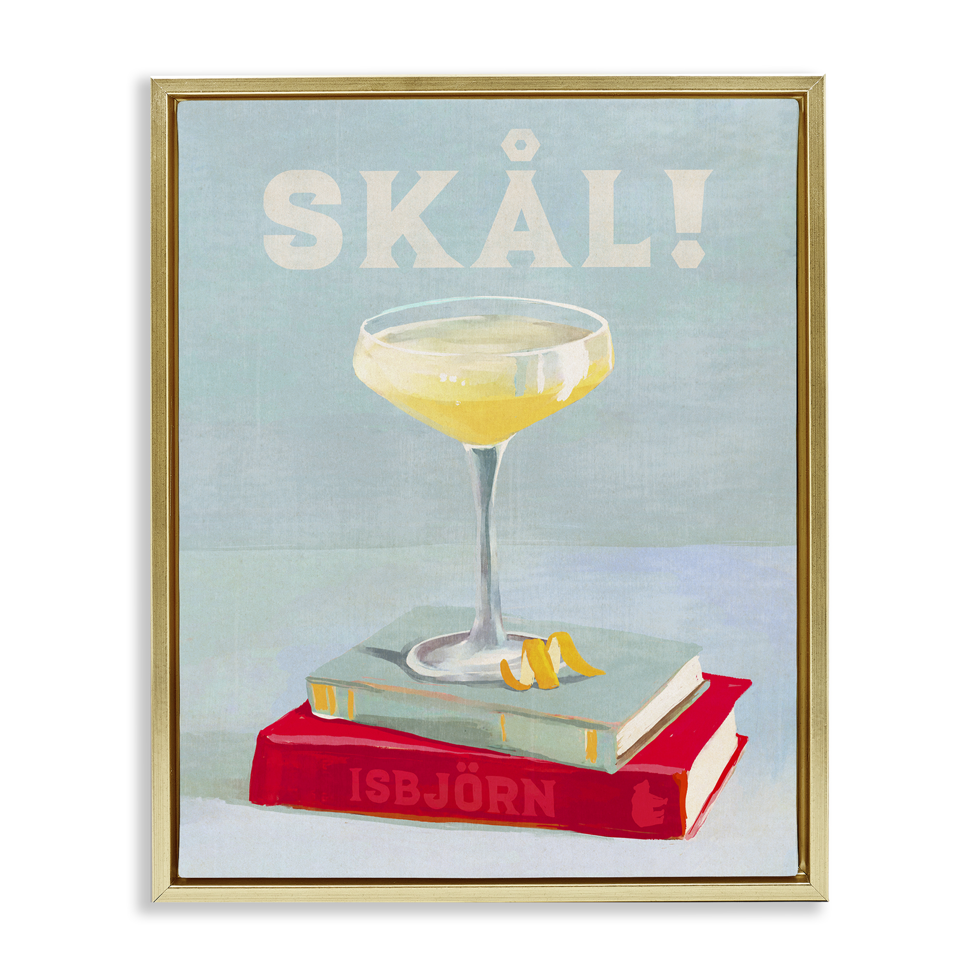 Stupell Industries Skal Cocktail & Bookstack Food & Beverage Painting Gold Floater Framed Canvas Art Print Wall Art, 25 x 31