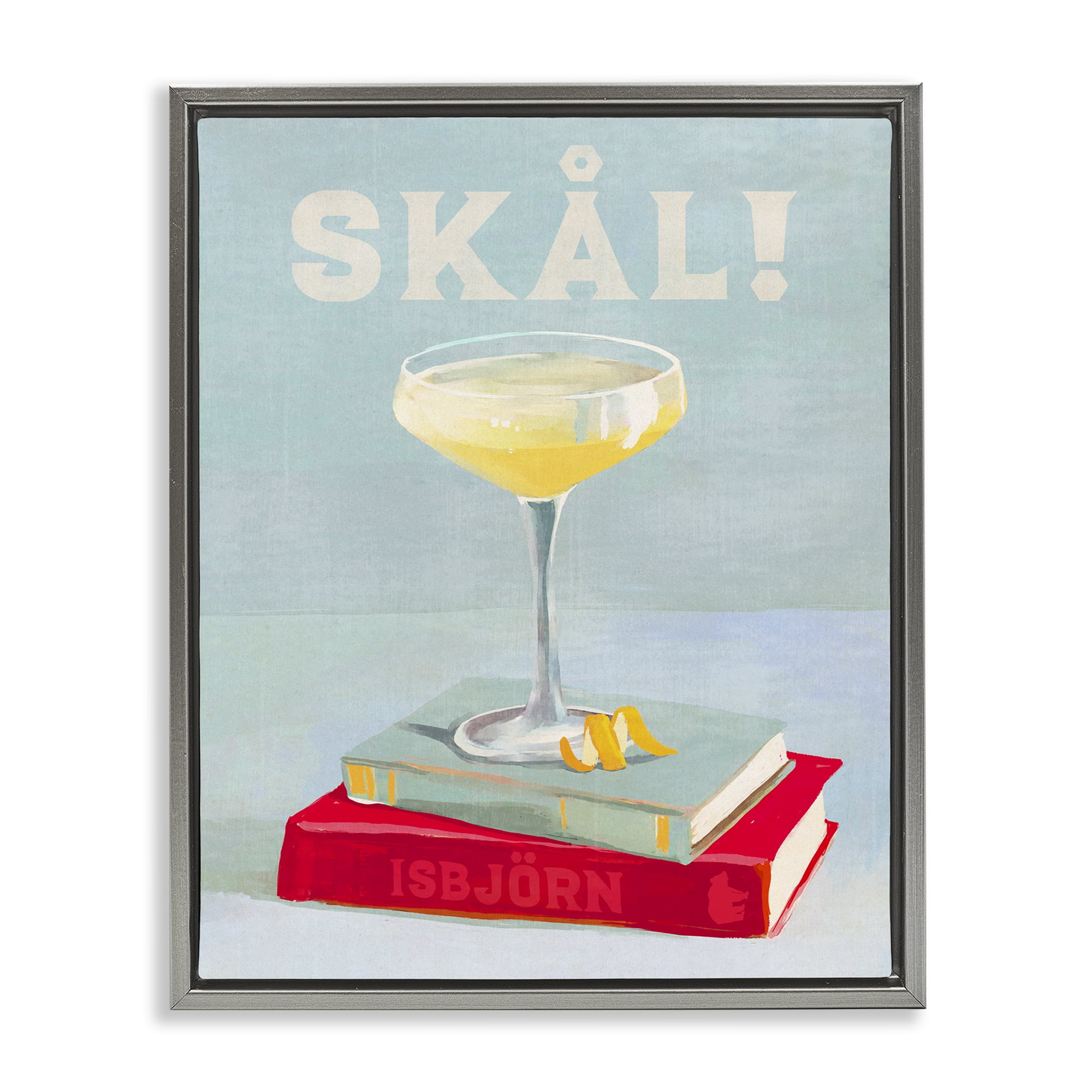 Stupell Industries Skal Cocktail & Bookstack Food & Beverage Painting Gray Floater Framed Canvas Art Print Wall Art, 25 x 31