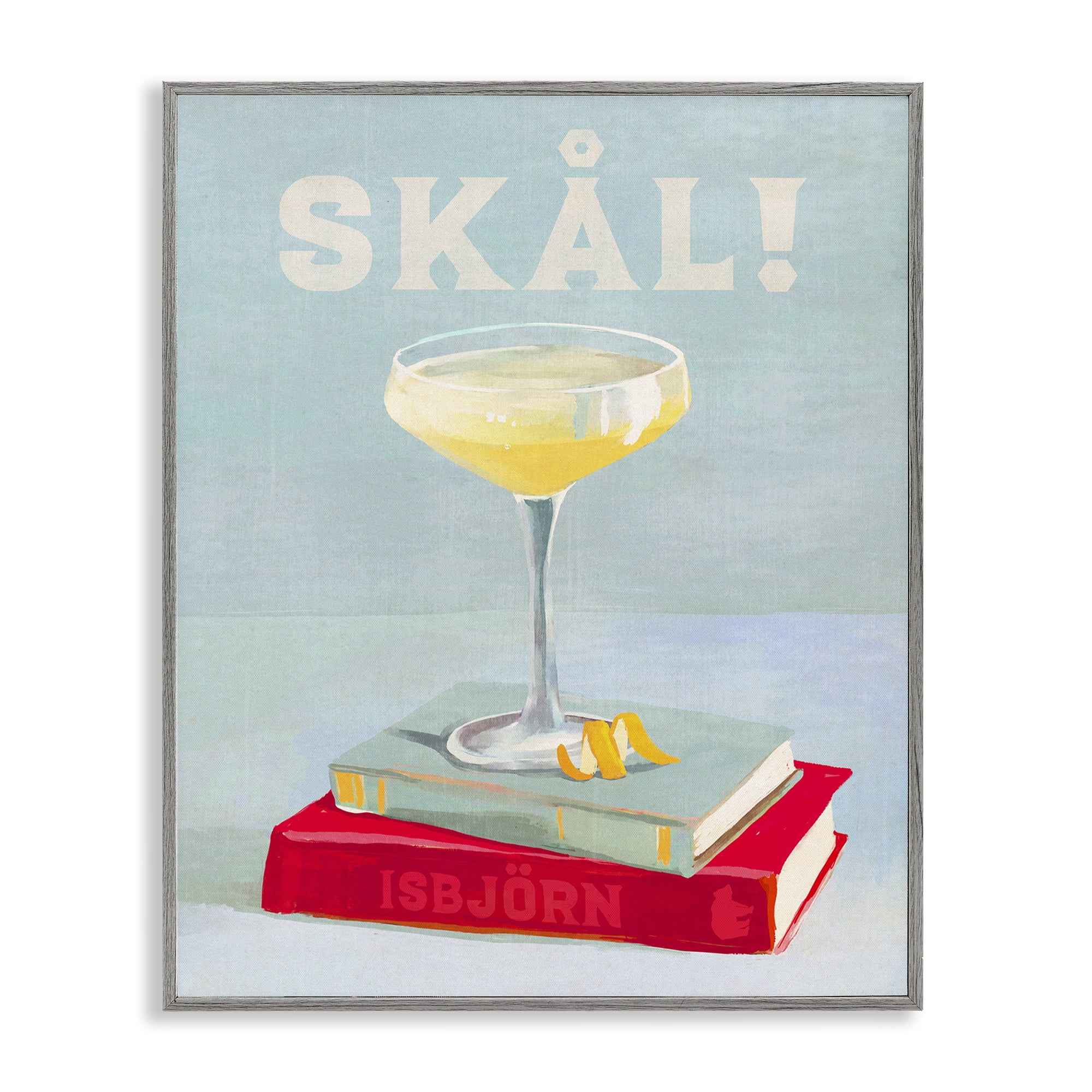 Stupell Industries Skal Cocktail & Bookstack Food & Beverage Painting Gray Framed Art Print Wall Art, 24 x 30