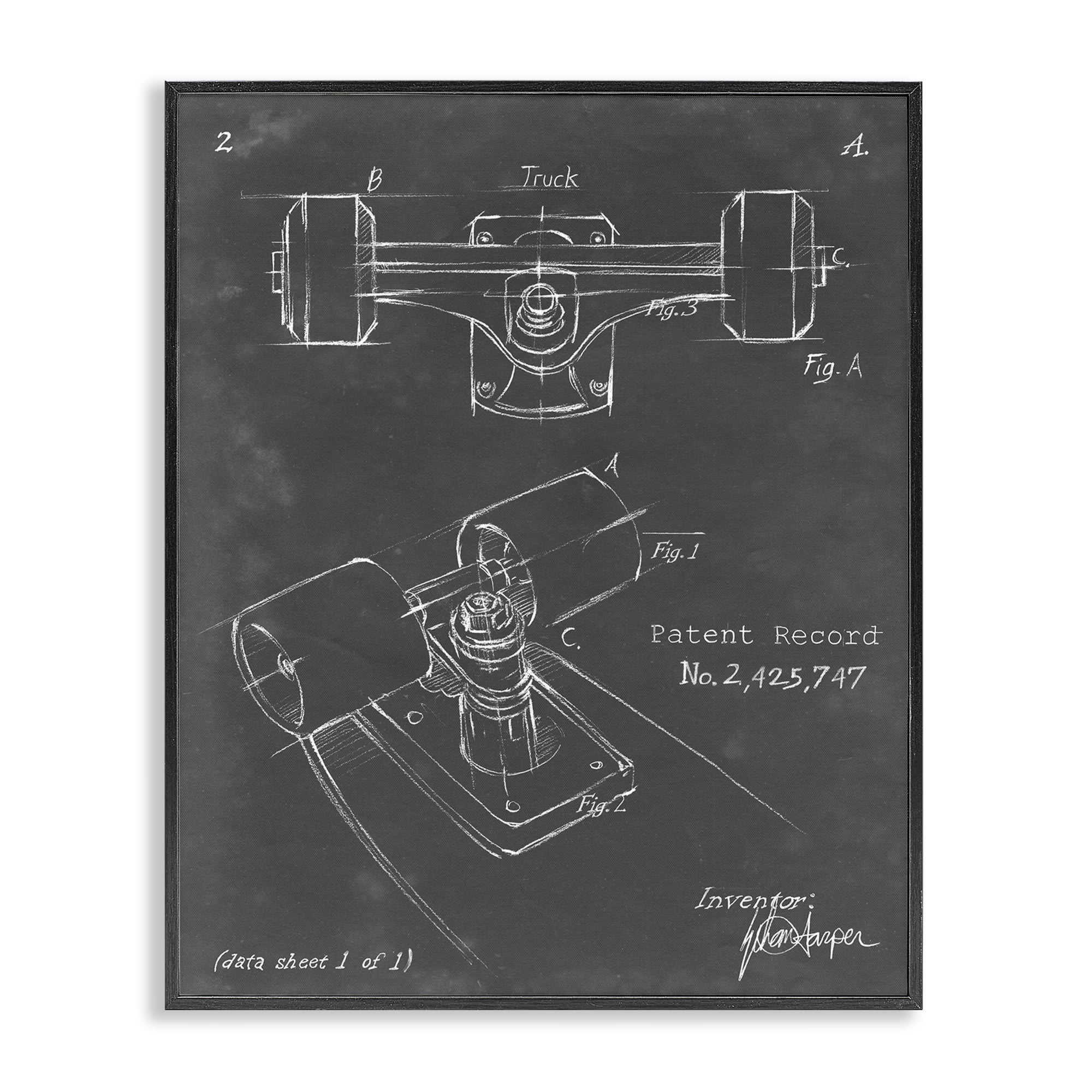 Stupell Industries Skateboard Truck Blueprint Sports Painting Black Framed Art Print Wall Art, 16 x 20