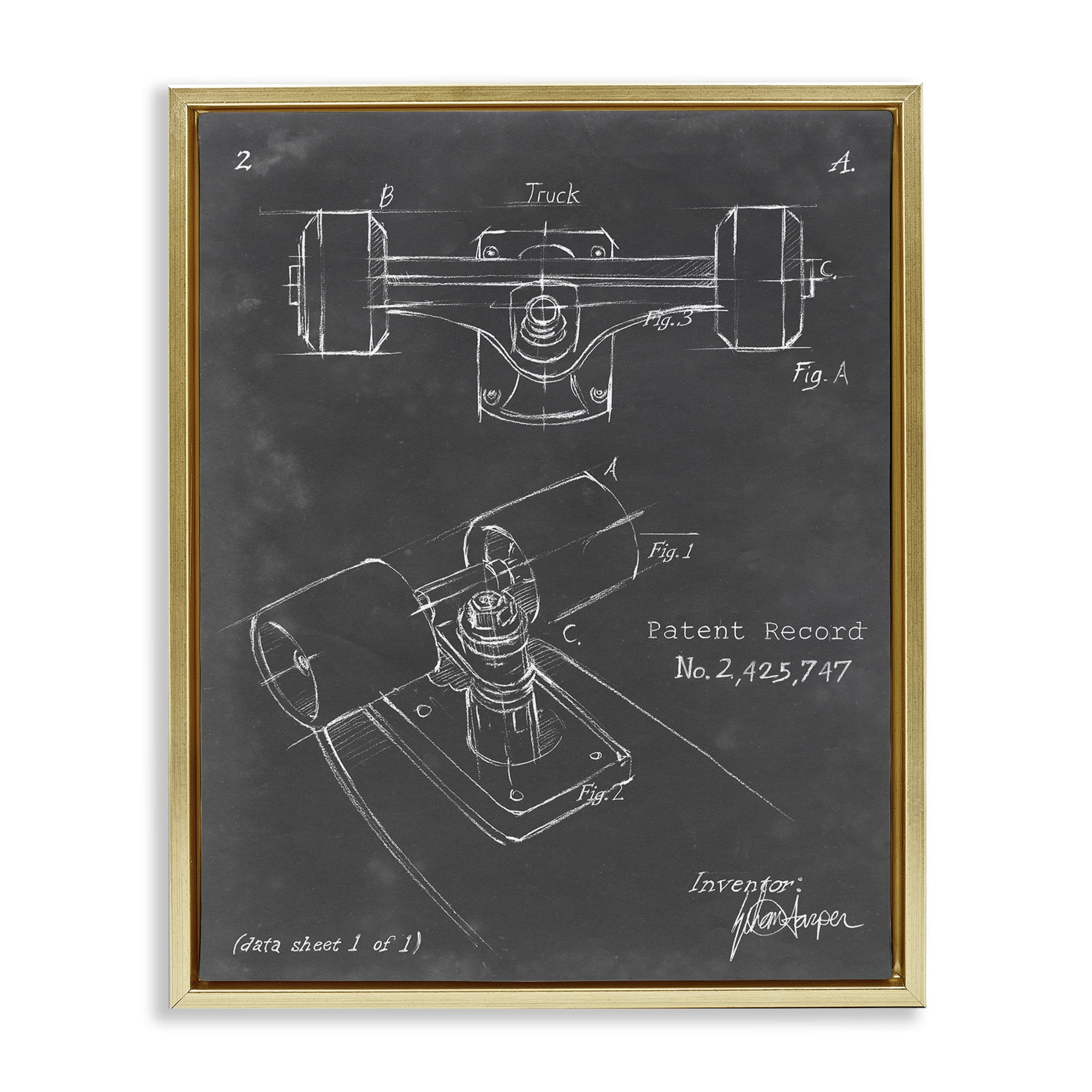 Stupell Industries Skateboard Truck Blueprint Sports Painting Gold Floater Framed Art Print Wall Art, 25 x 31