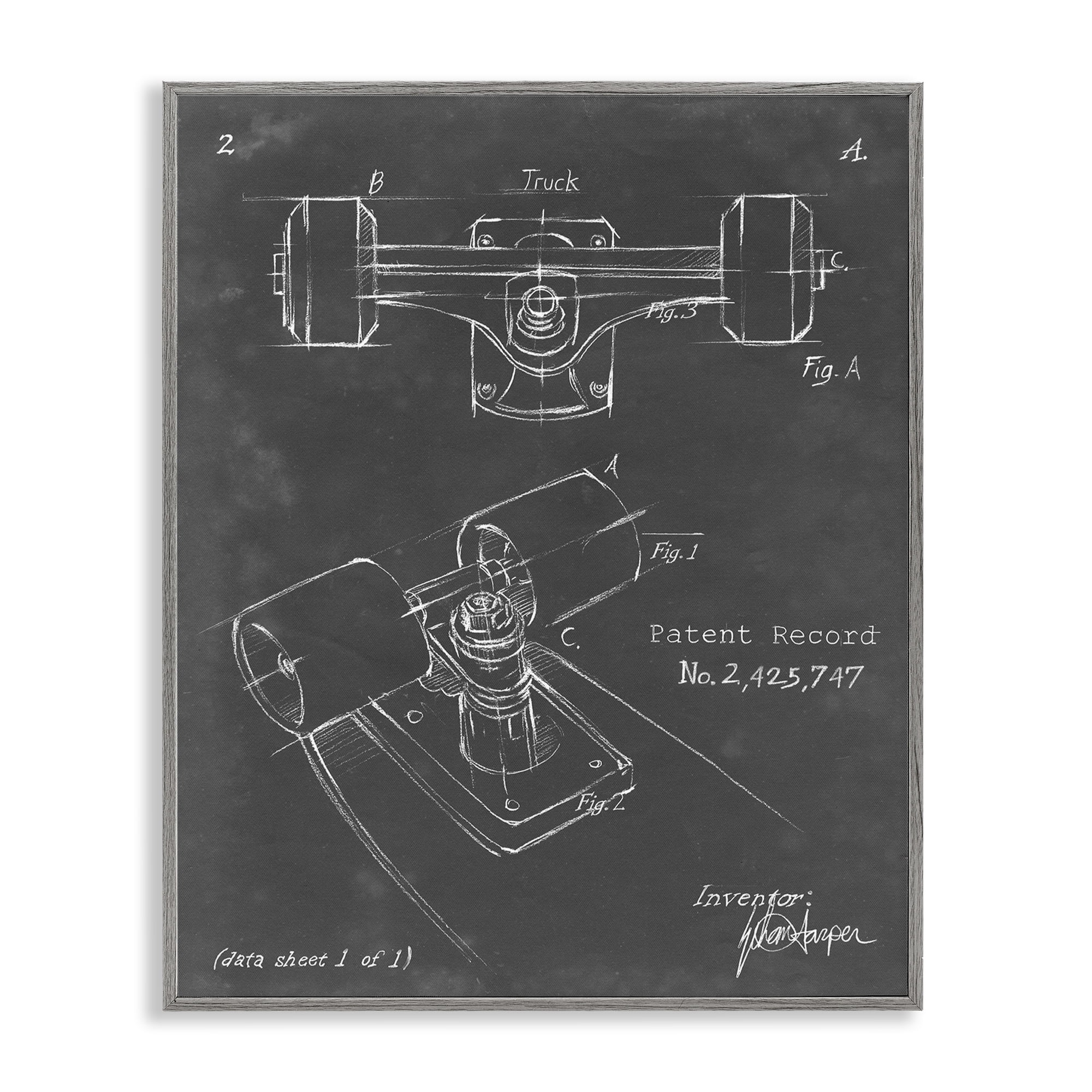 Stupell Industries Skateboard Truck Blueprint Sports Painting Gray Framed Art Print Wall Art, 24 x 30