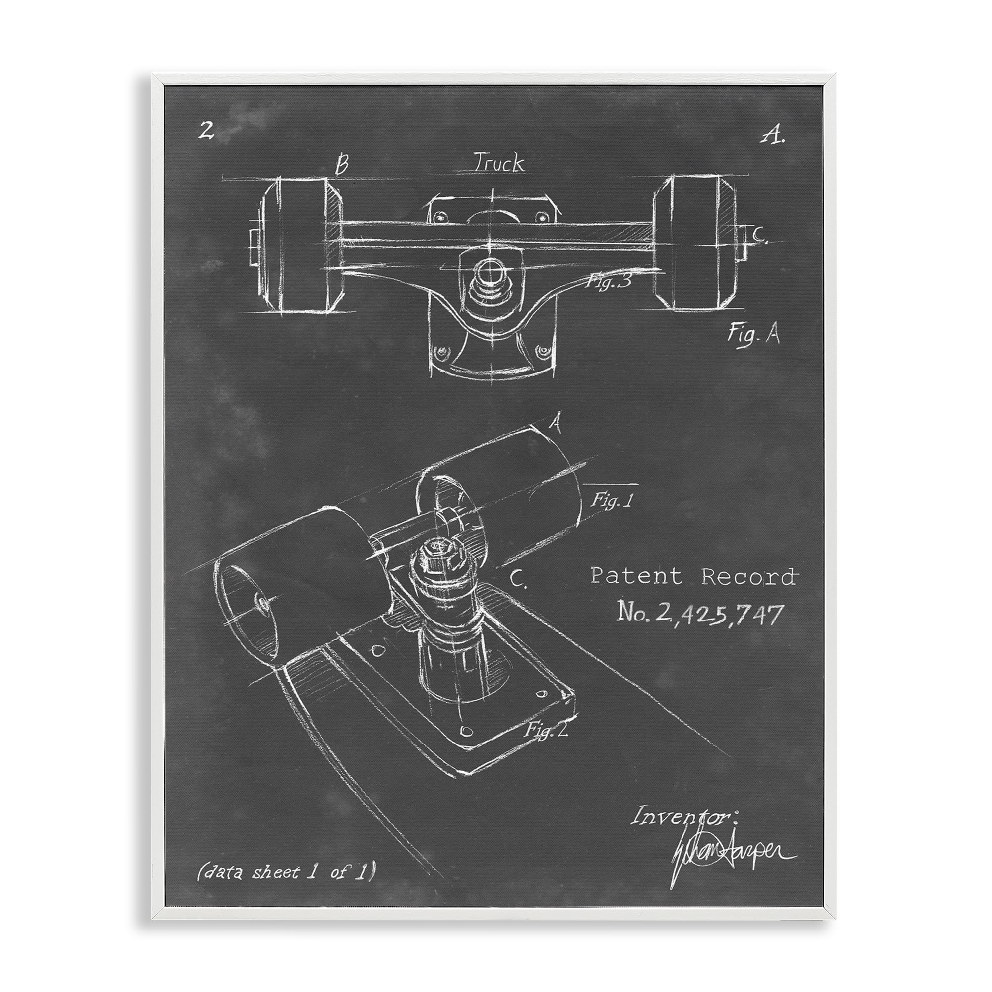 Stupell Industries Skateboard Truck Blueprint Sports Painting White Framed Art Print Wall Art, 16 x 20
