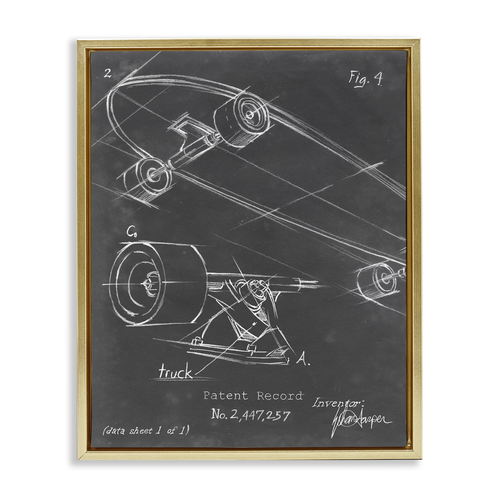 Stupell Industries Skateboard Truck Diagram Sports Painting Gold Floater Framed Art Print Wall Art, 25 x 31