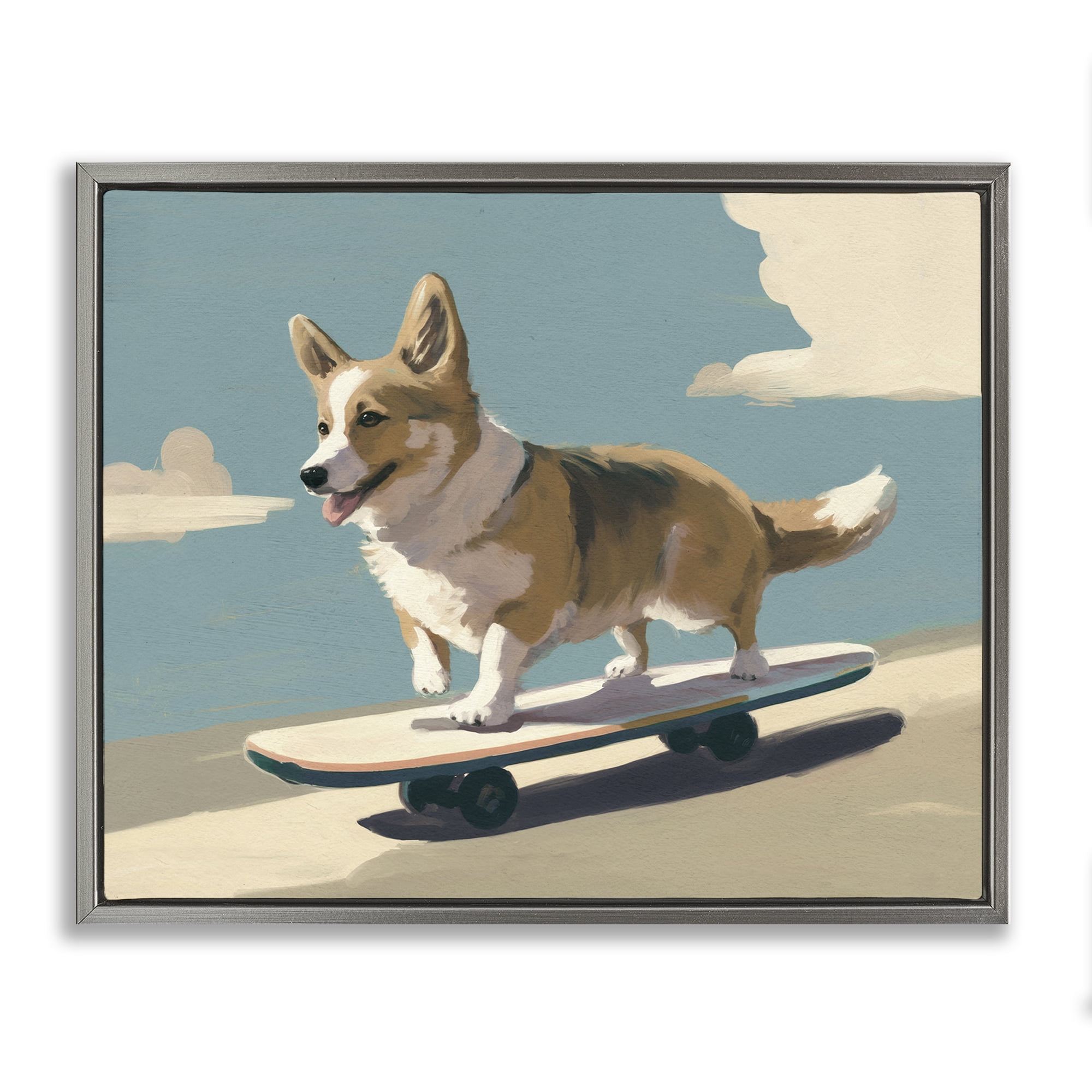 Stupell Industries Skateboarding Corgi Dog Animals Painting Gray Floater Framed Canvas Art Print Wall Art, 21 x 17