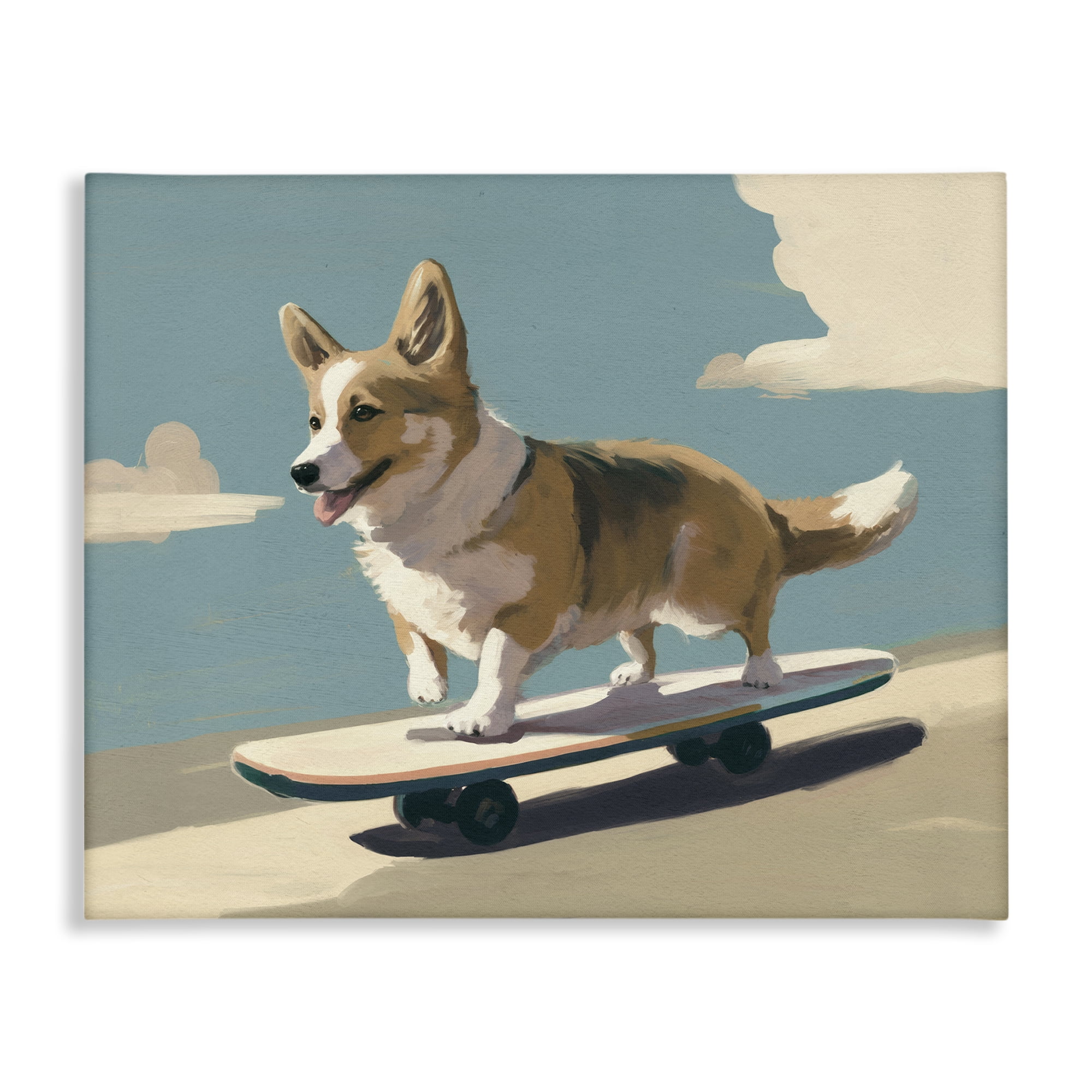 Stupell Industries Skateboarding Corgi Dog Animals Painting Wrapped Canvas Art Print Wall Art, 20 x 16