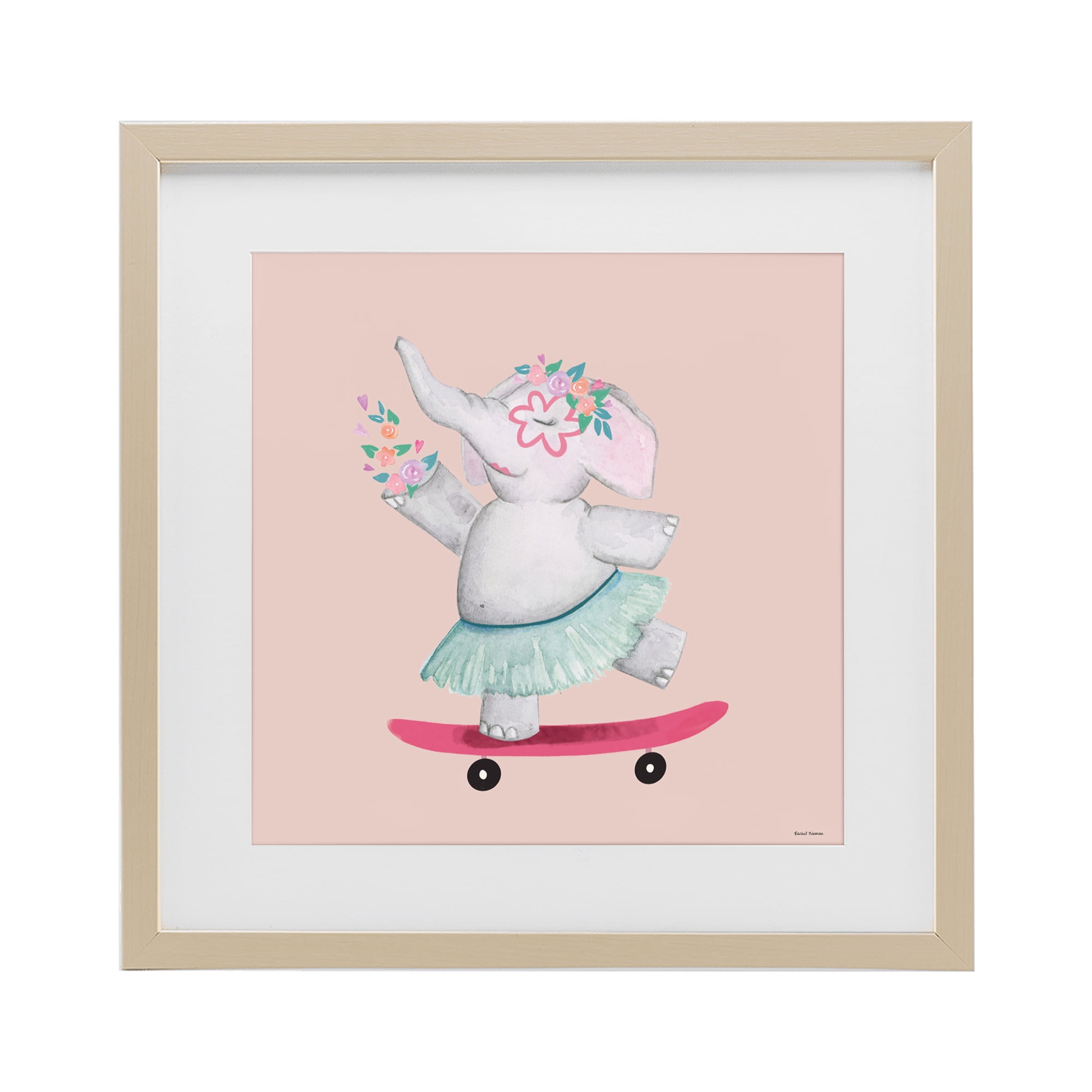 Stupell Industries Skateboarding Elephant with Flowers Birch Framed Print Under Glass, design by Rachel Nieman