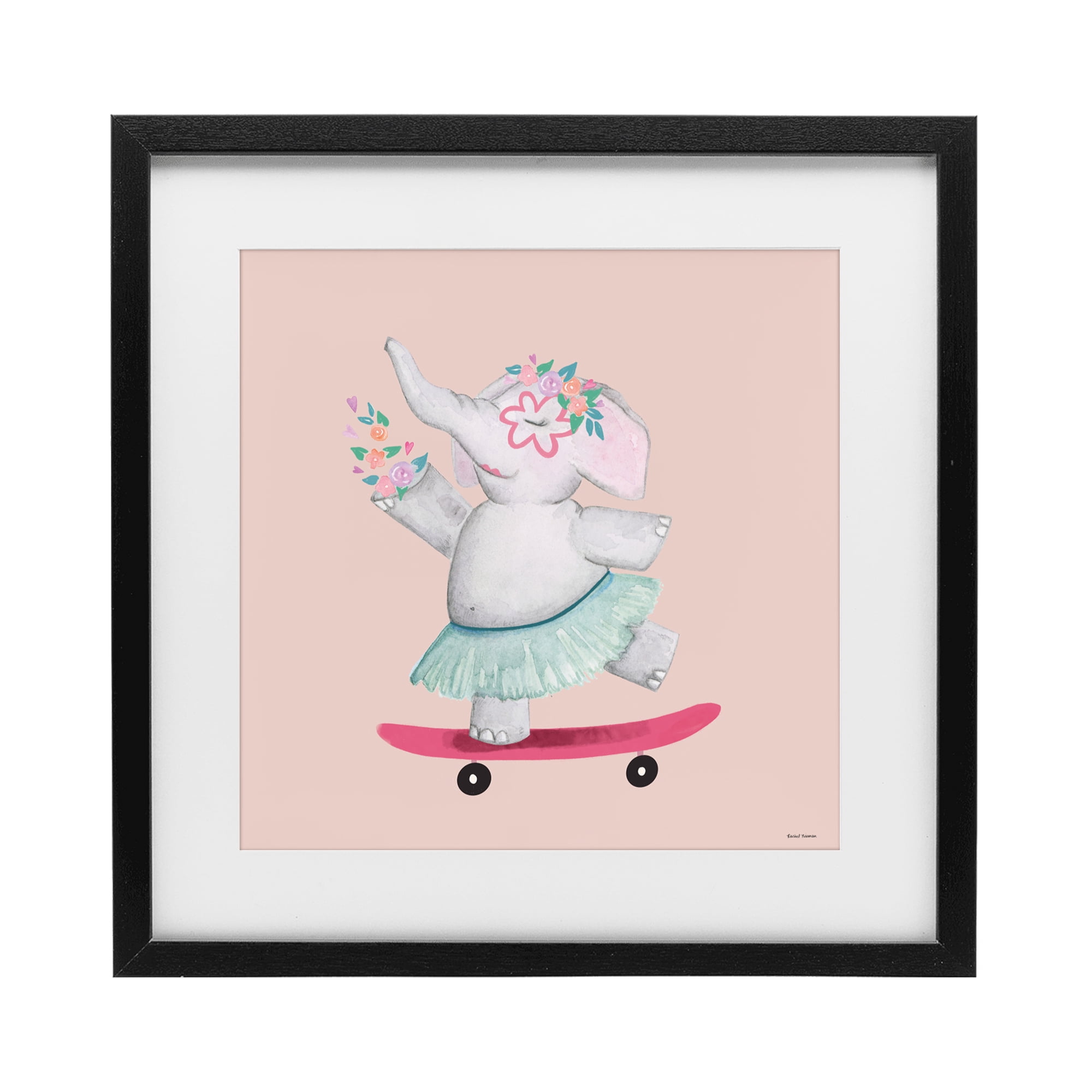 Stupell Industries Skateboarding Elephant with Flowers Black Framed Print Under Glass, design by Rachel Nieman
