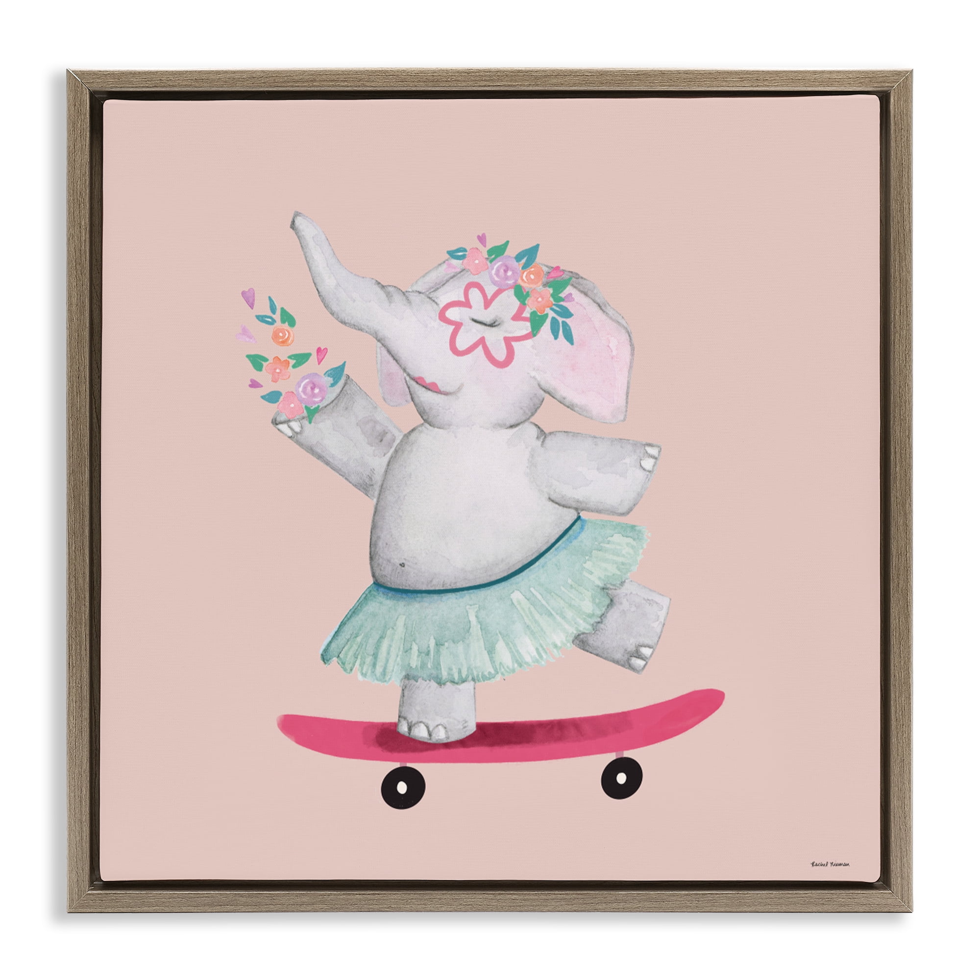 Stupell Industries Skateboarding Elephant with Flowers Brown Framed Floater Canvas Wall Art, design by Rachel Nieman