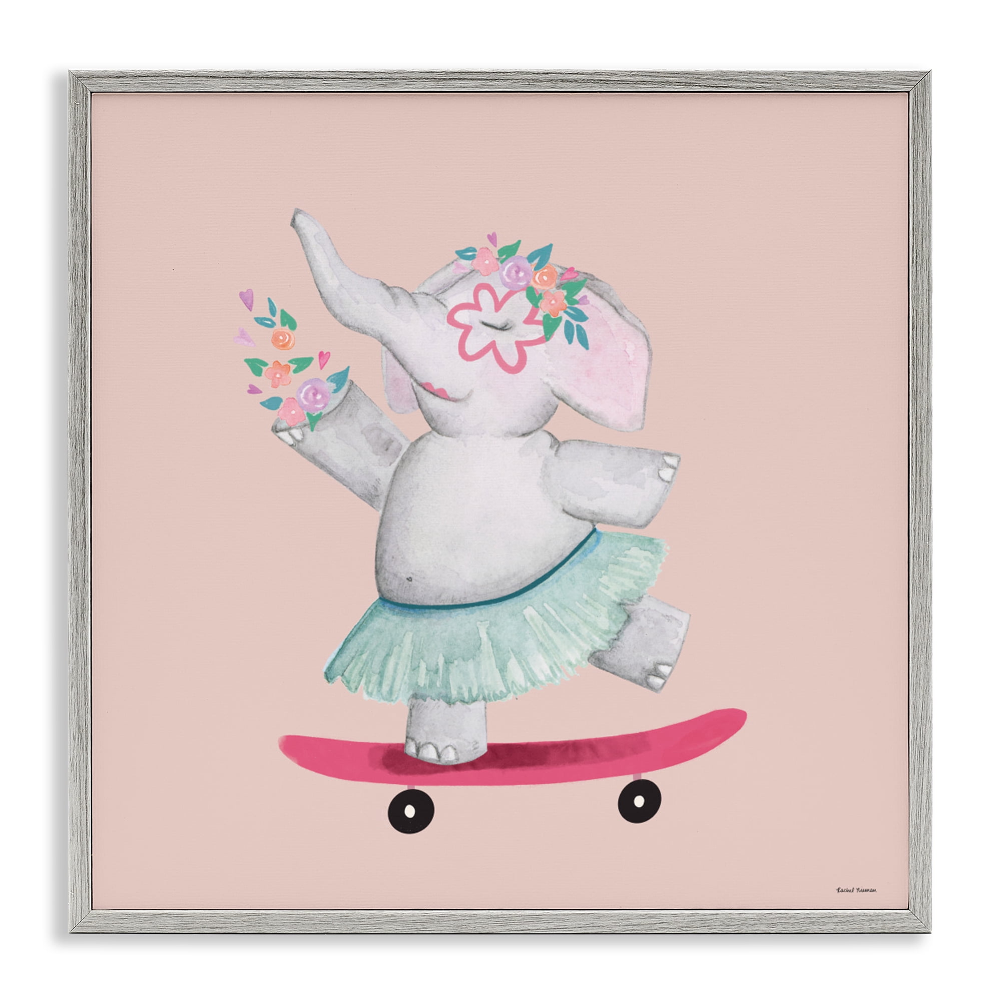 Stupell Industries Skateboarding Elephant with Flowers Gray Framed Giclee Art, design by Rachel Nieman