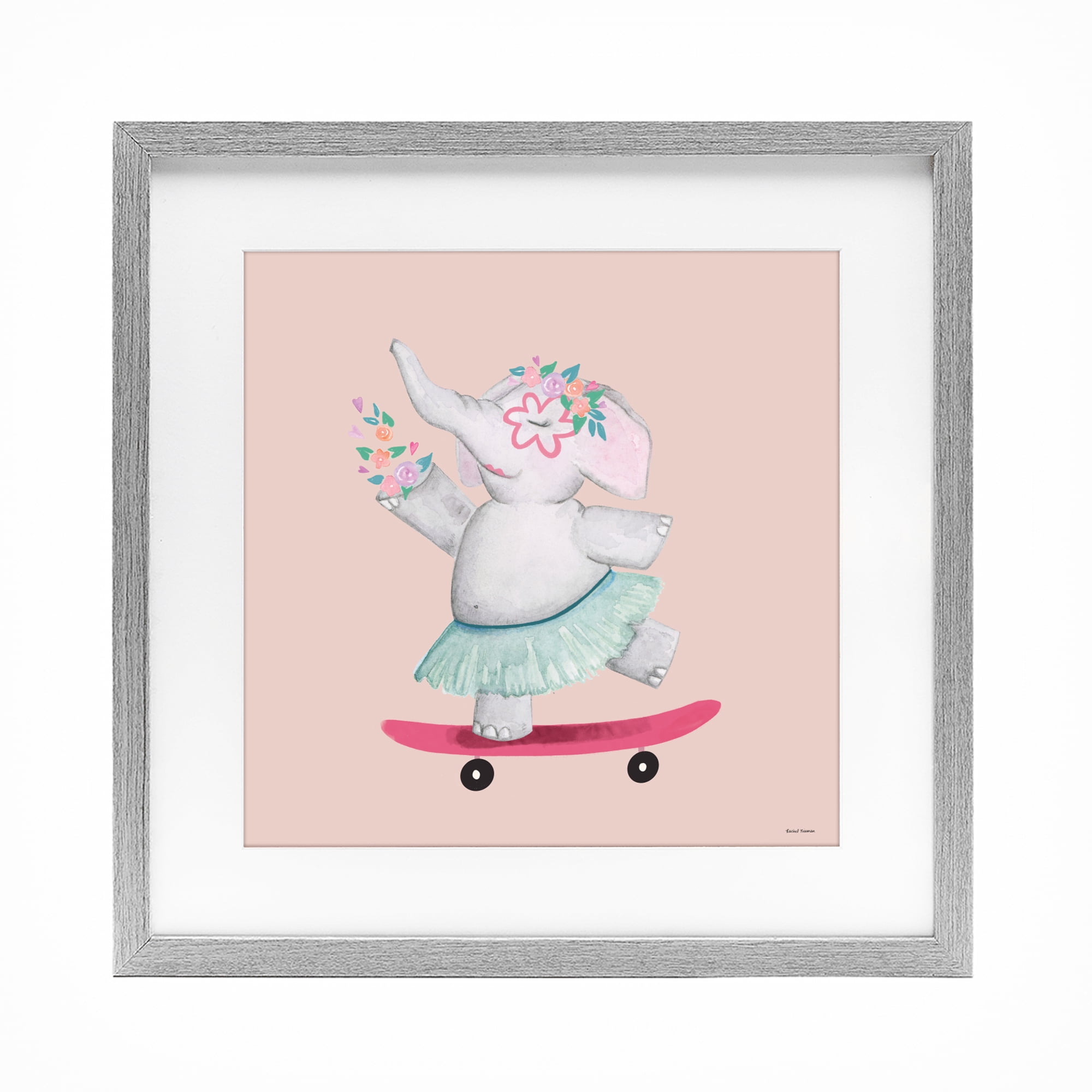 Stupell Industries Skateboarding Elephant with Flowers Gray Framed Print Under Glass, design by Rachel Nieman