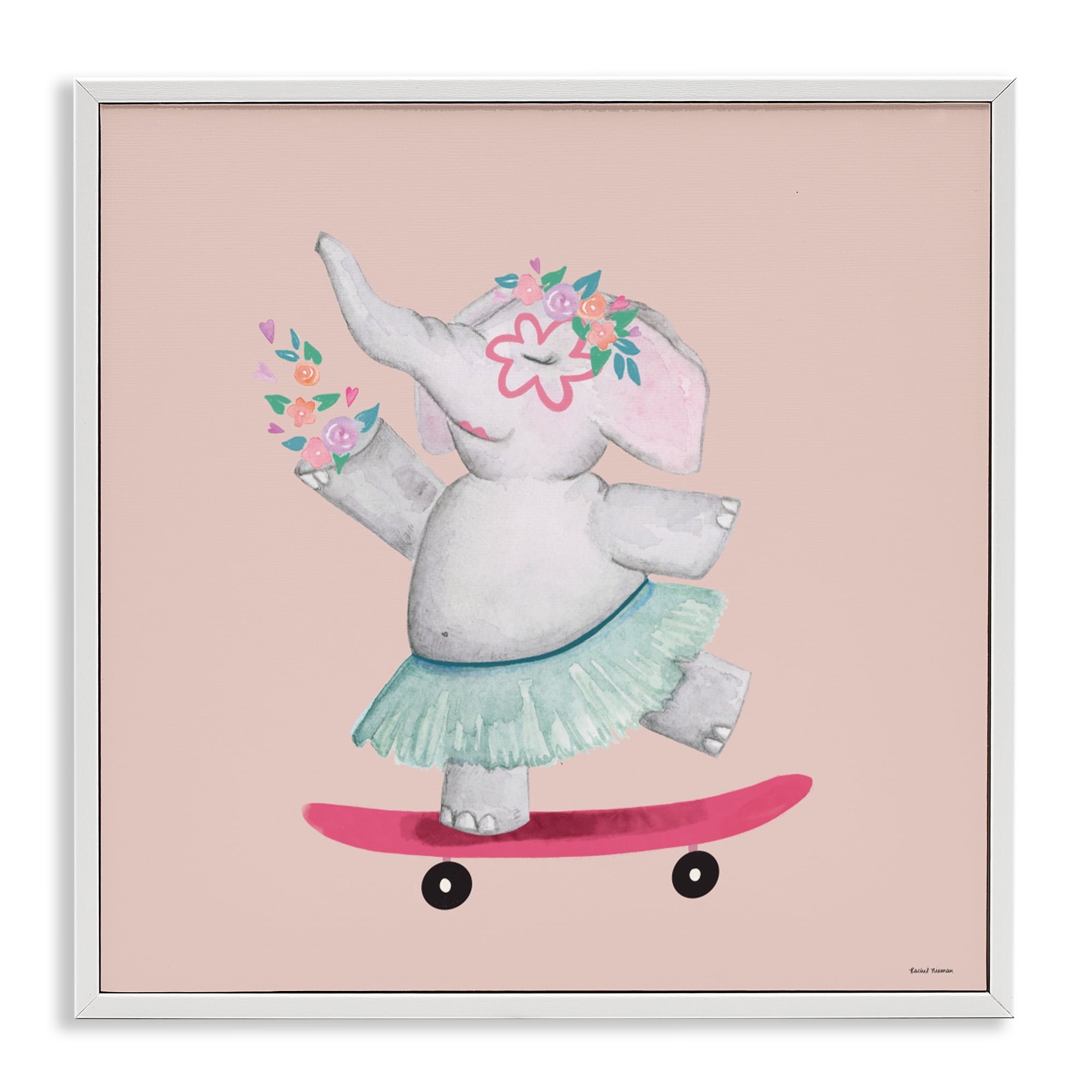 Stupell Industries Skateboarding Elephant with Flowers White Framed Giclee Art, design by Rachel Nieman