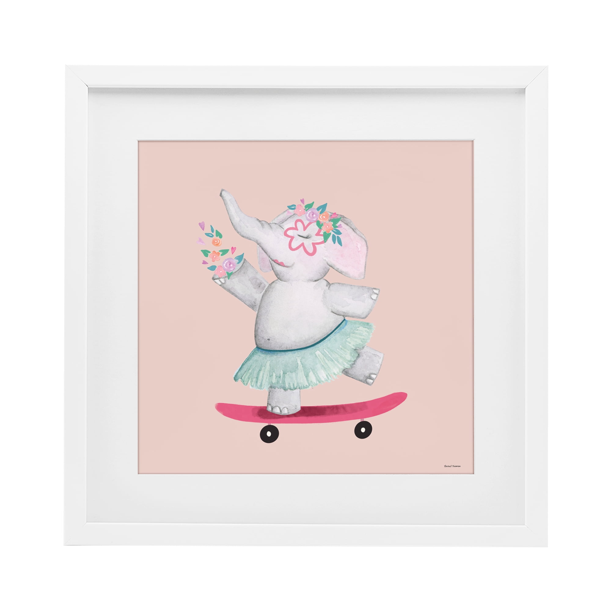 Stupell Industries Skateboarding Elephant with Flowers White Framed Print Under Glass, design by Rachel Nieman