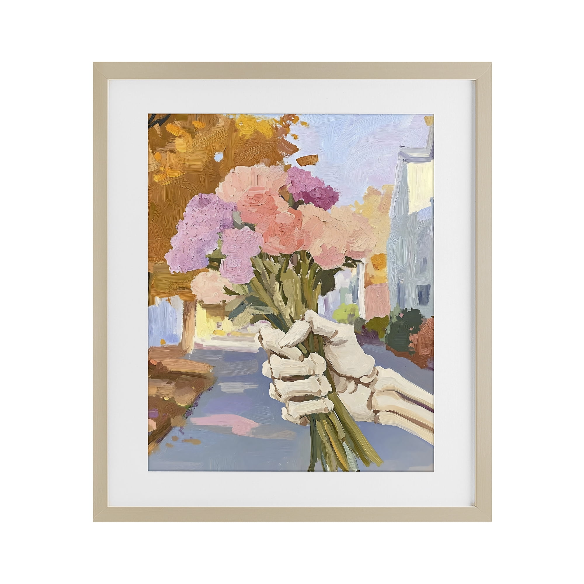 Stupell Industries Skeleton Hand Holding Flowers Birch Framed Print Under Glass, design by The Prints Vibe