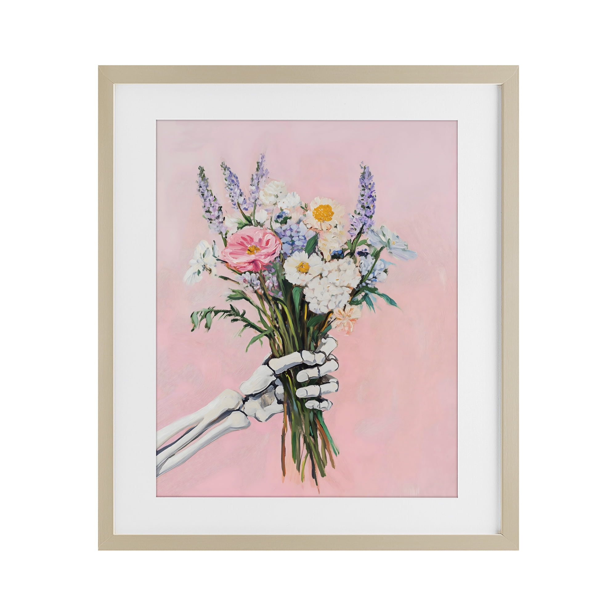 Stupell Industries Skeleton Hand Holding Flowers Birch Framed Print Under Glass, design by The Prints Vibe