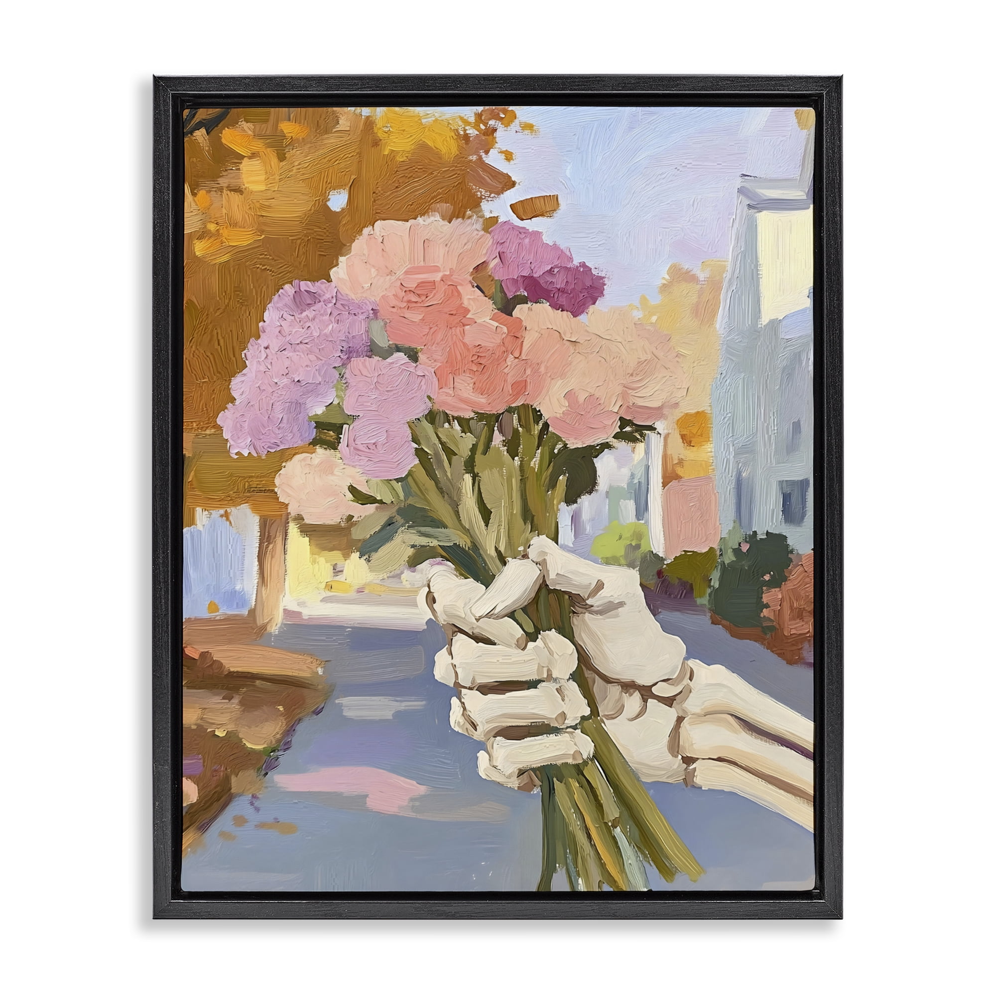 Stupell Industries Skeleton Hand Holding Flowers Black Framed Floater Canvas Wall Art, design by The Prints Vibe