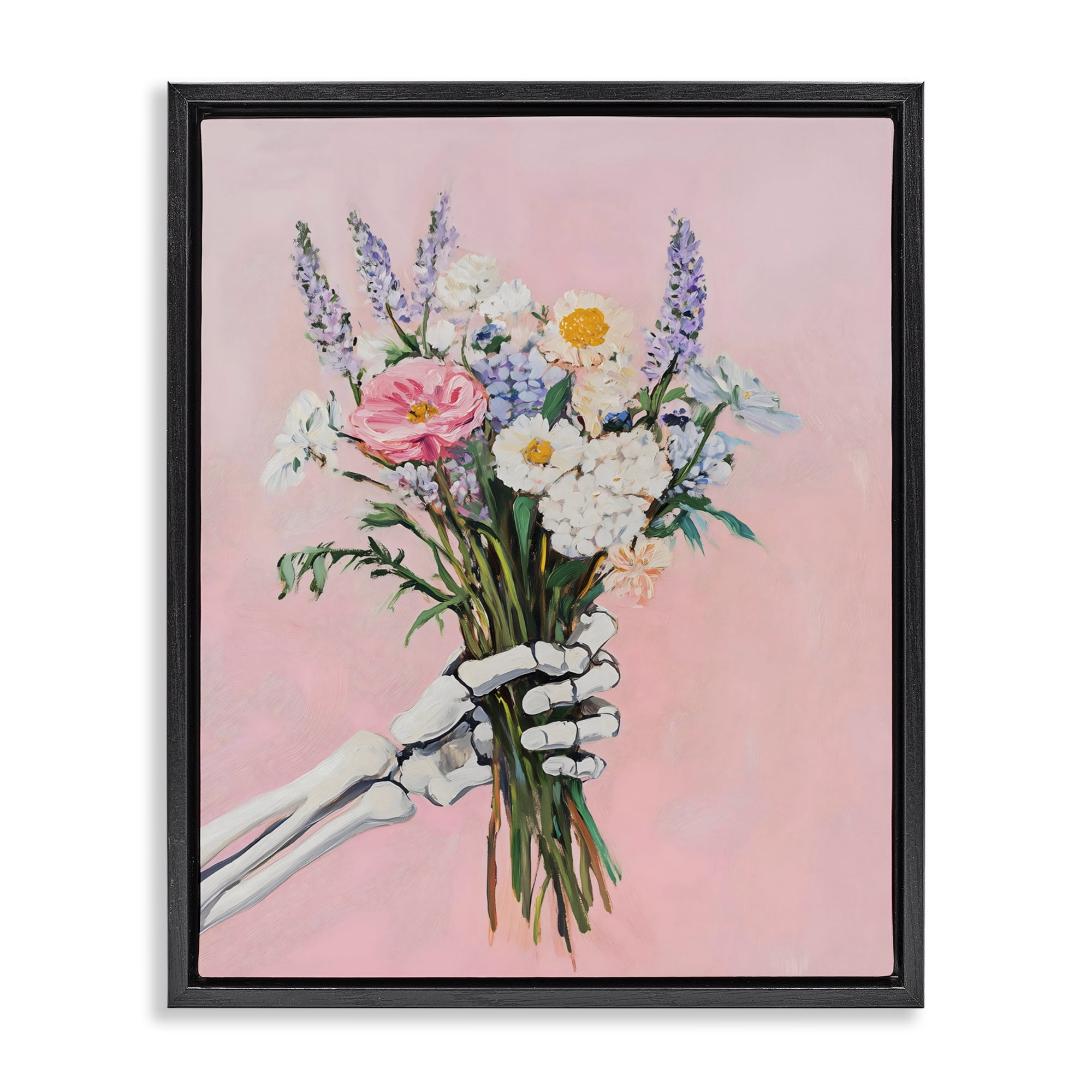 Stupell Industries Skeleton Hand Holding Flowers Black Framed Floater Canvas Wall Art, design by The Prints Vibe