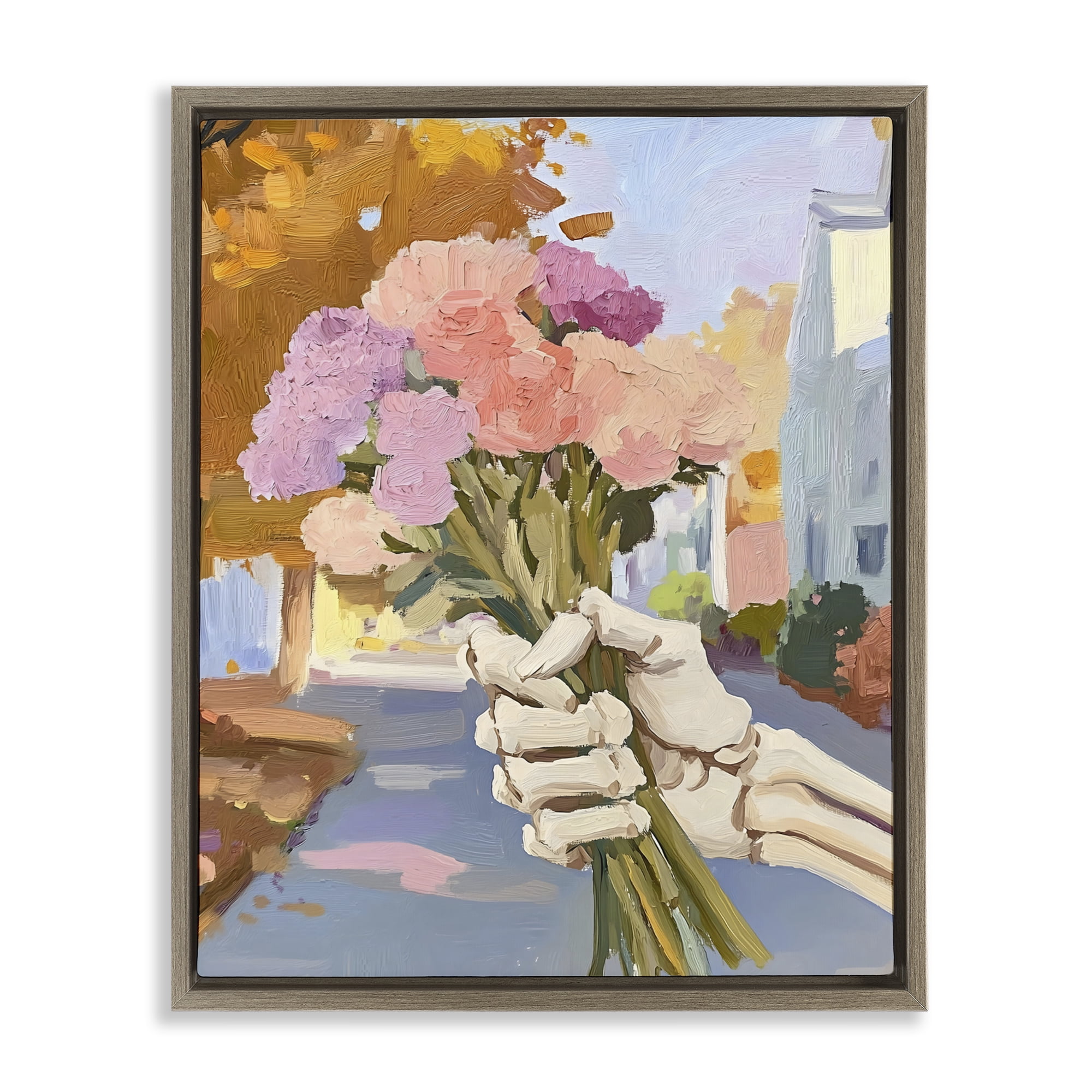 Stupell Industries Skeleton Hand Holding Flowers Brown Framed Floater Canvas Wall Art, design by The Prints Vibe