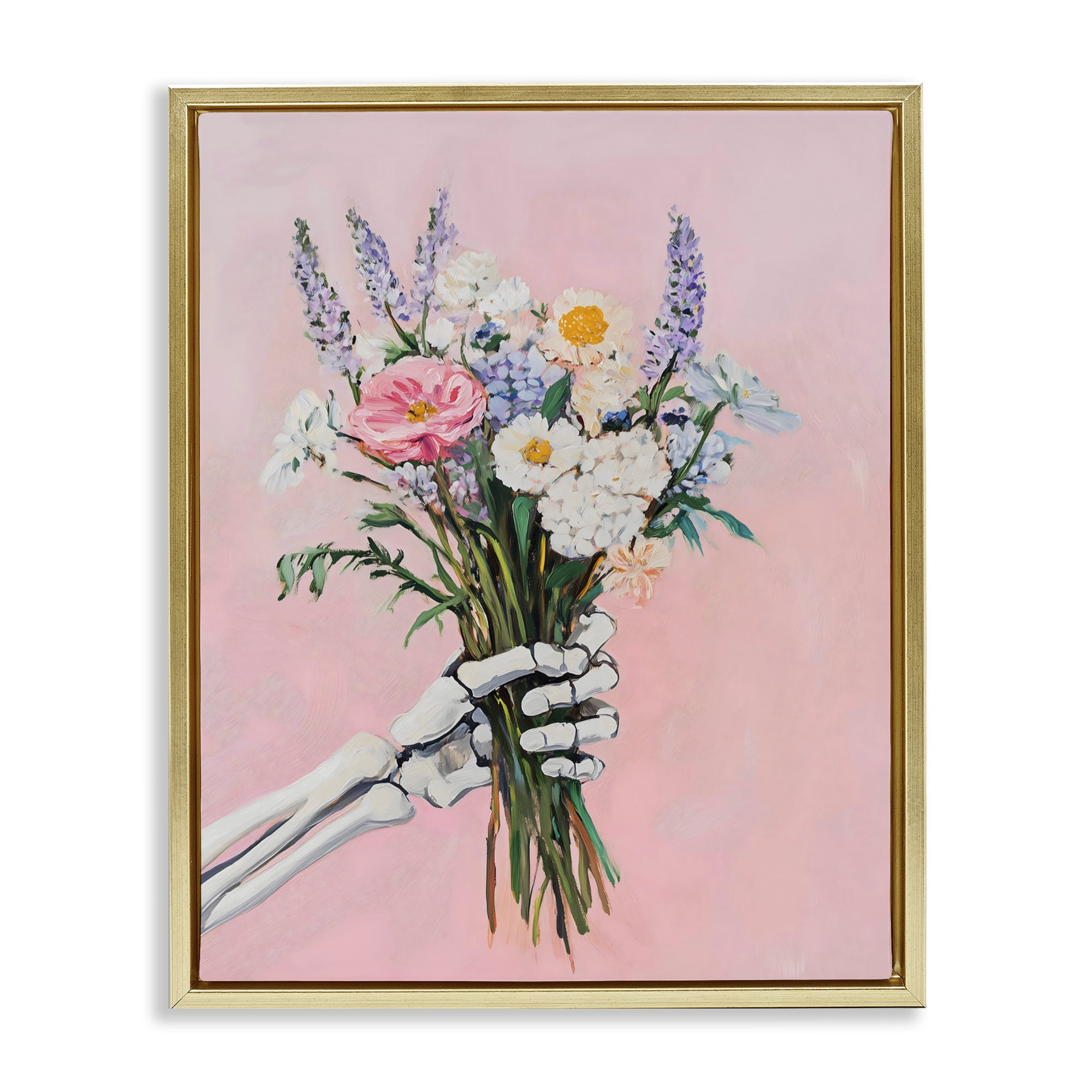 Stupell Industries Skeleton Hand Holding Flowers Gold Framed Floater Canvas Wall Art, design by The Prints Vibe