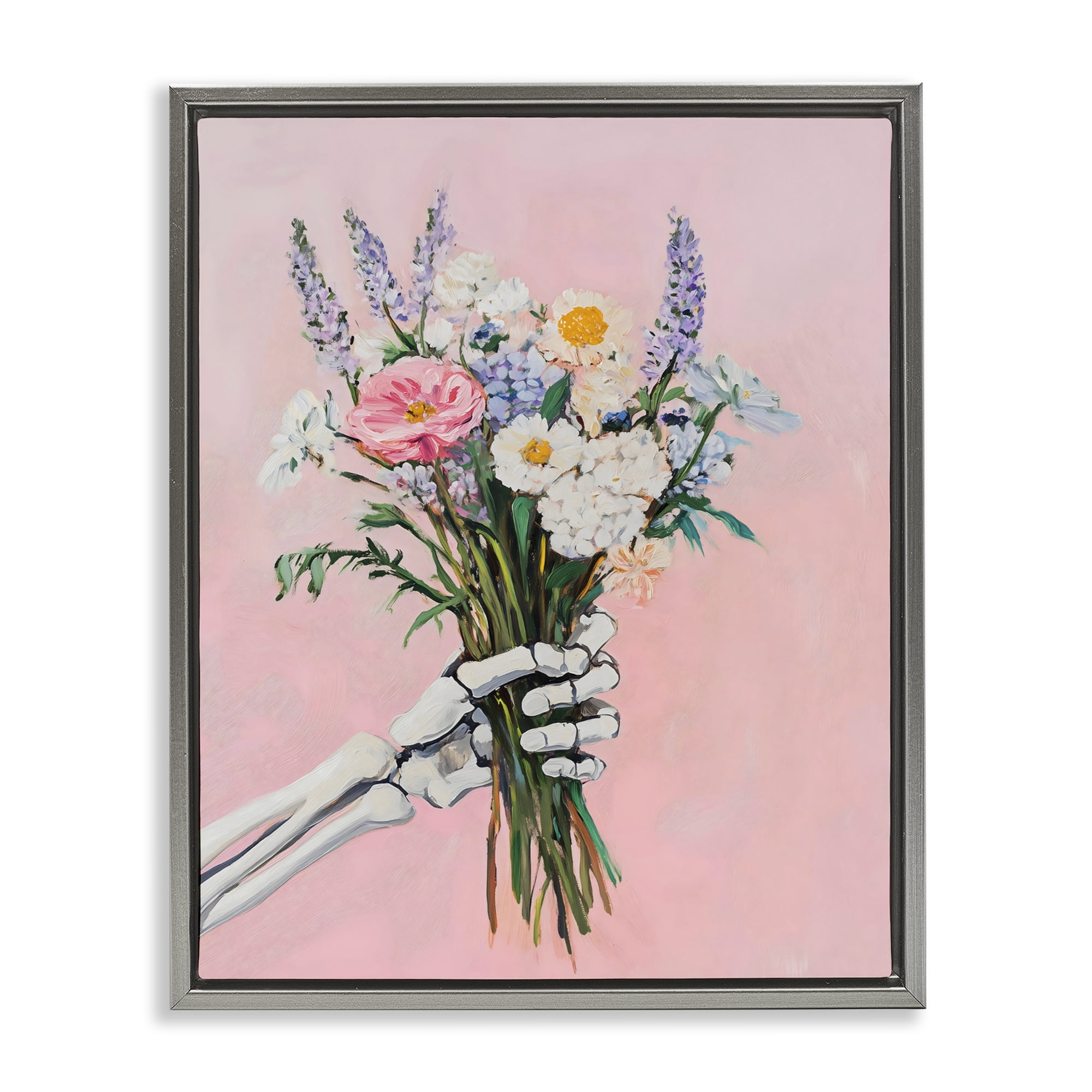 Stupell Industries Skeleton Hand Holding Flowers Gray Framed Floater Canvas Wall Art, design by The Prints Vibe