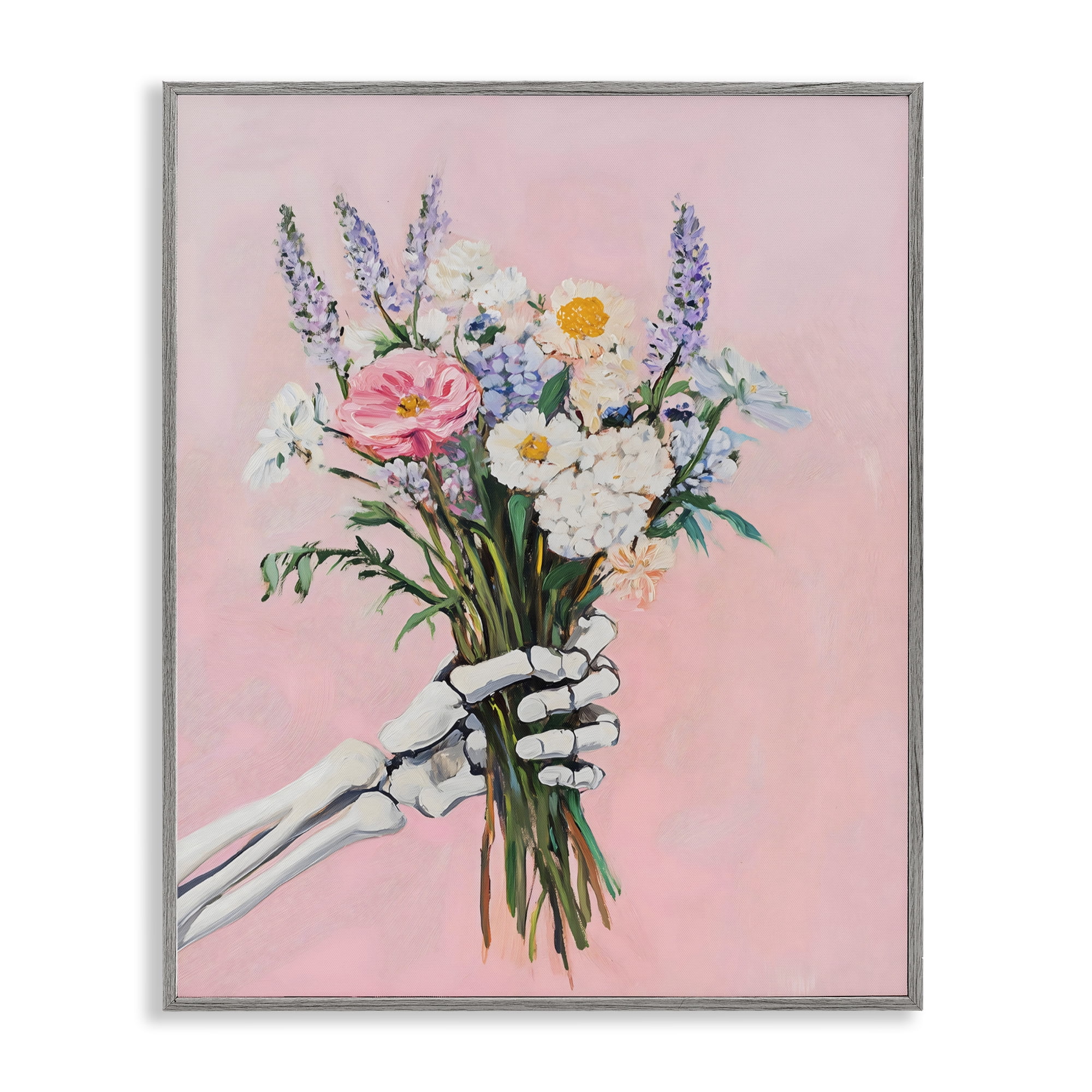 Stupell Industries Skeleton Hand Holding Flowers Gray Framed Giclee Art, design by The Prints Vibe