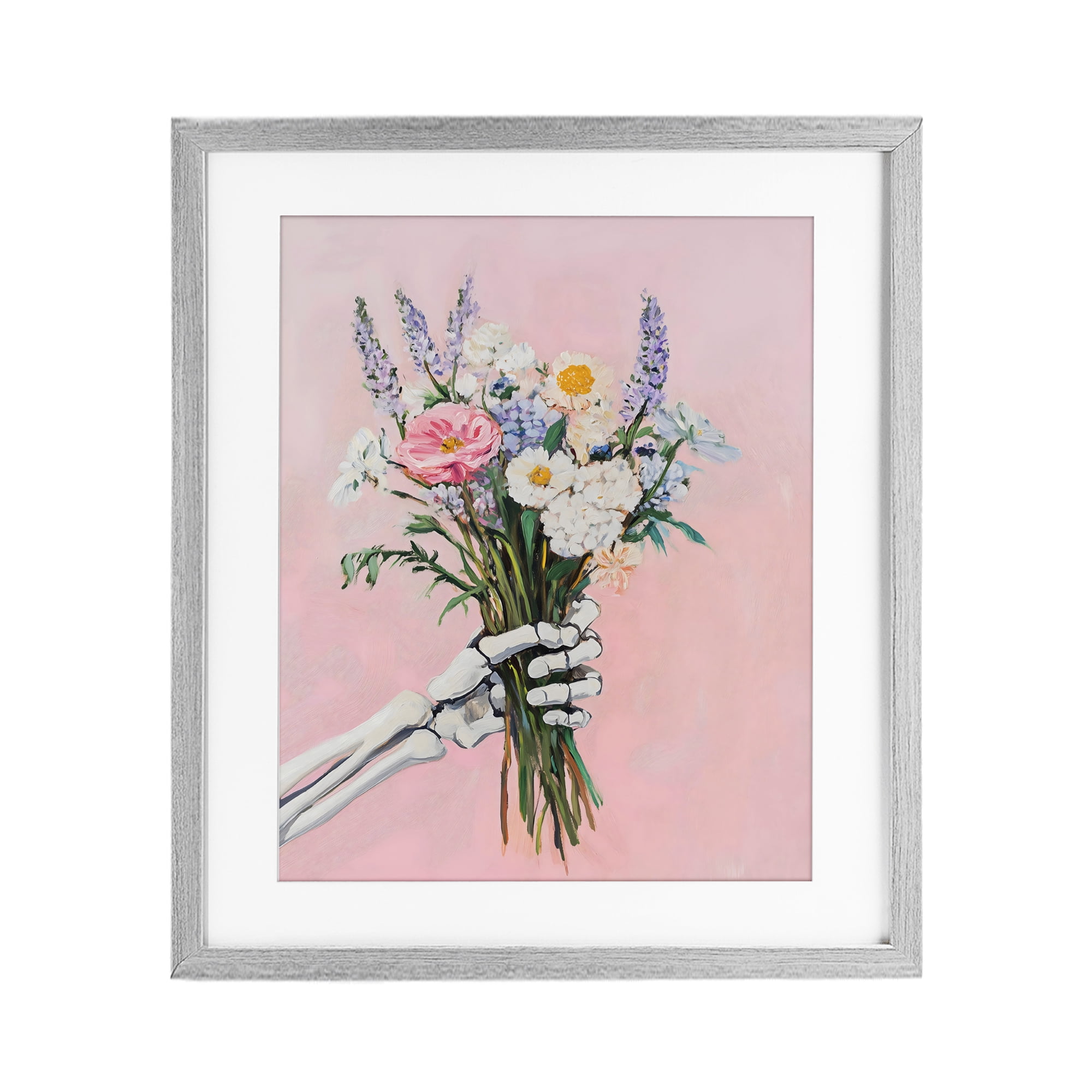 Stupell Industries Skeleton Hand Holding Flowers Gray Framed Print Under Glass, design by The Prints Vibe