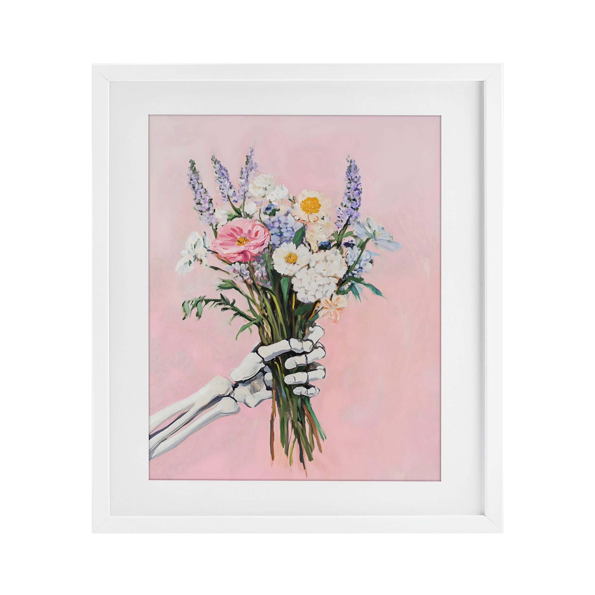 Stupell Industries Skeleton Hand Holding Flowers White Framed Print Under Glass, design by The Prints Vibe