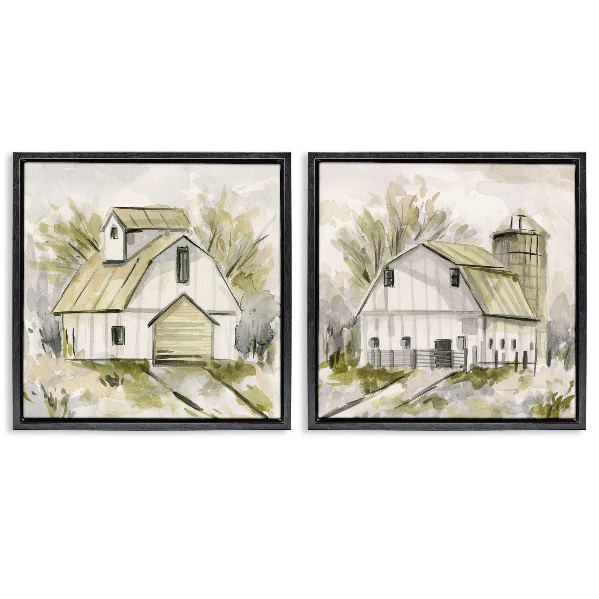 Stupell Industries Sketch Drawing Barn Silo Landscape & Nature Painting Black Floater Framed Canvas Art Print Wall Art, 18 x 18, Set of 2