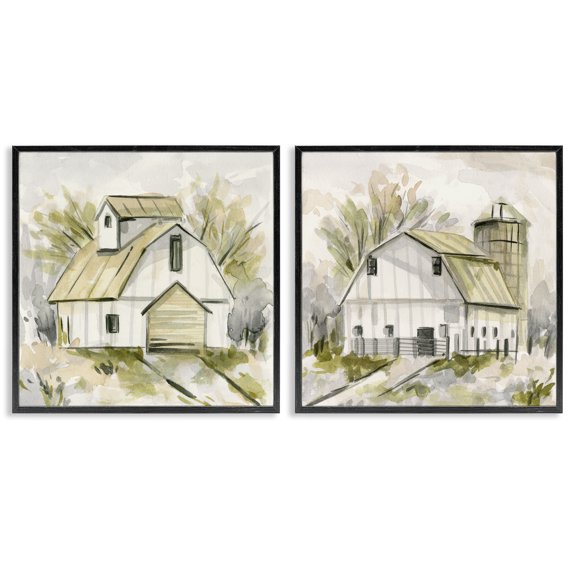 Stupell Industries Sketch Drawing Barn Silo Landscape & Nature Painting Black Framed Art Print Wall Art, 17 x 17, Set of 2