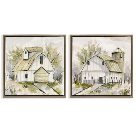 Stupell Industries Sketch Drawing Barn Silo Landscape & Nature Painting Brown Floater Framed Canvas Art Print Wall Art, 18 x 18, Set of 2