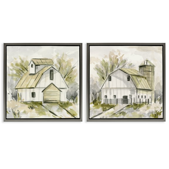 Stupell Industries Sketch Drawing Barn Silo Landscape & Nature Painting Gray Floater Framed Canvas Art Print Wall Art, 18 x 18, Set of 2