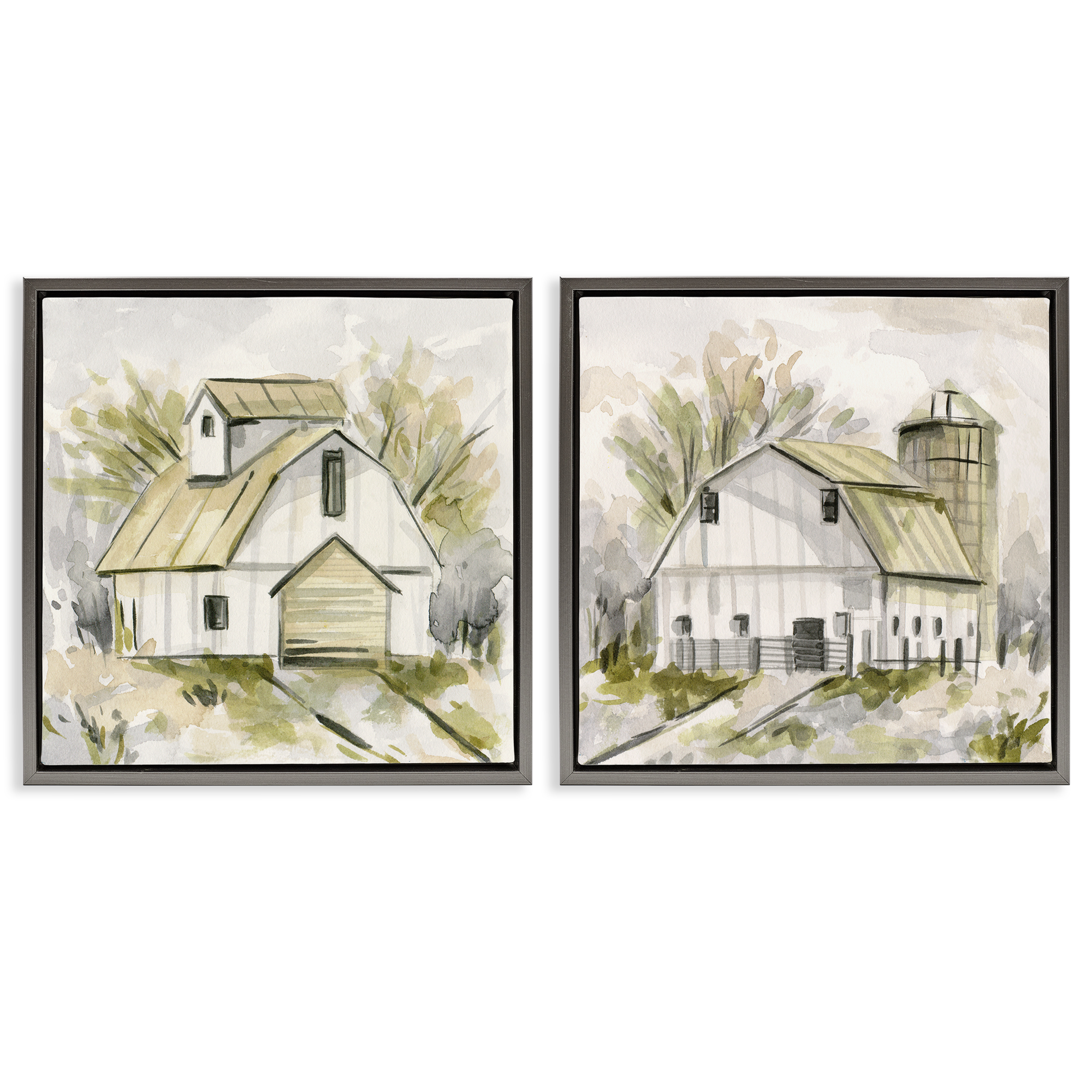 Stupell Industries Sketch Drawing Barn Silo Landscape & Nature Painting Gray Floater Framed Canvas Art Print Wall Art, 25 x 25, Set of 2