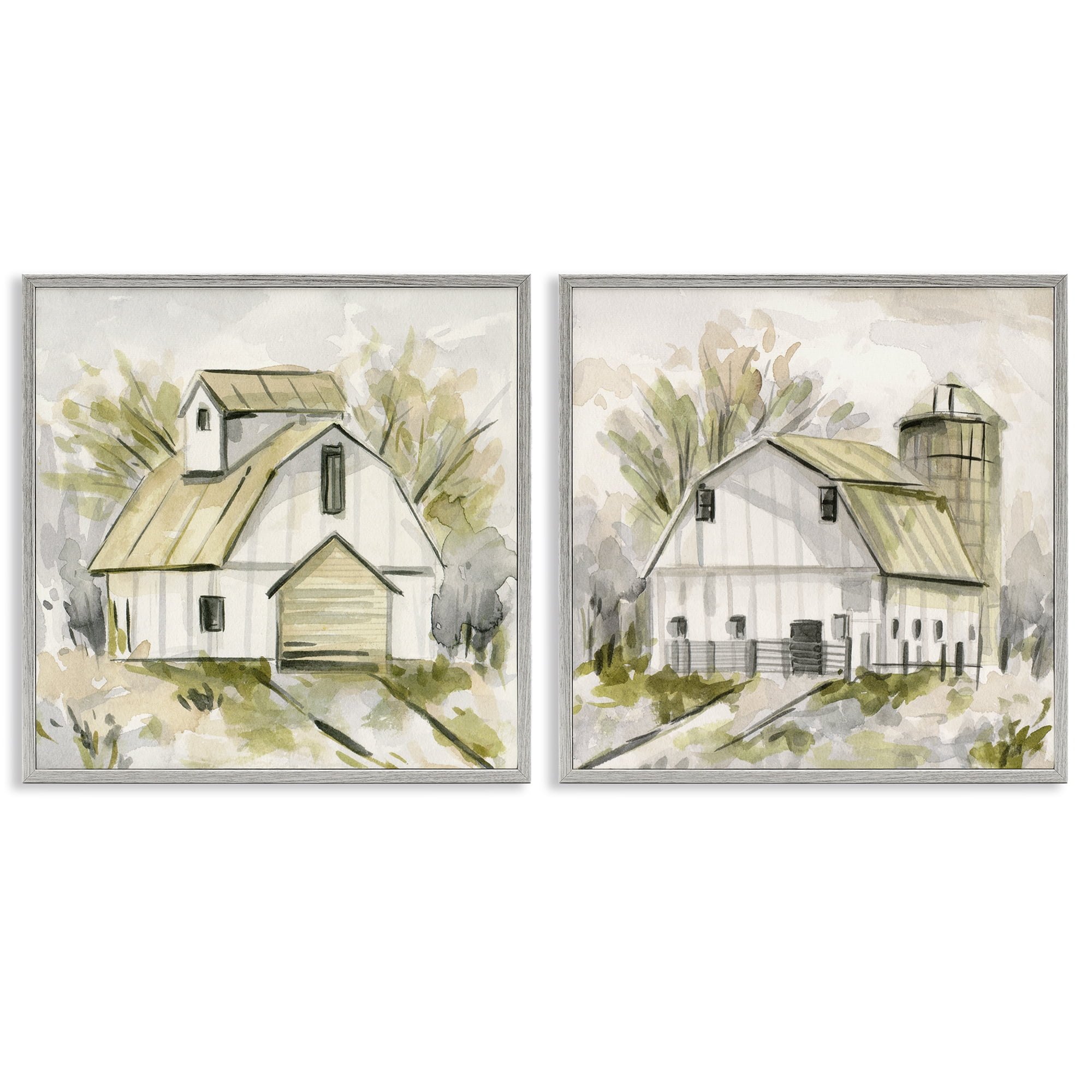 Stupell Industries Sketch Drawing Barn Silo Landscape & Nature Painting Gray Framed Art Print Wall Art, 17 x 17, Set of 2