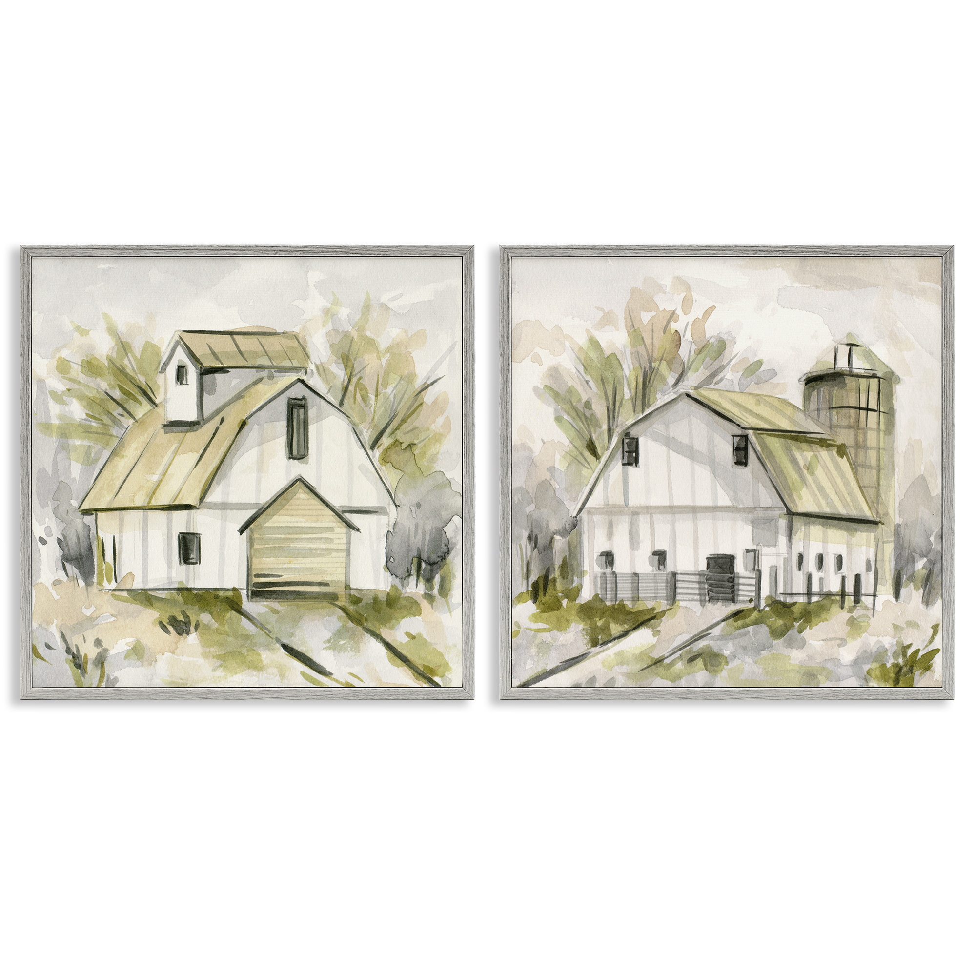 Stupell Industries Sketch Drawing Barn Silo Landscape & Nature Painting Gray Framed Art Print Wall Art, 24 x 24, Set of 2
