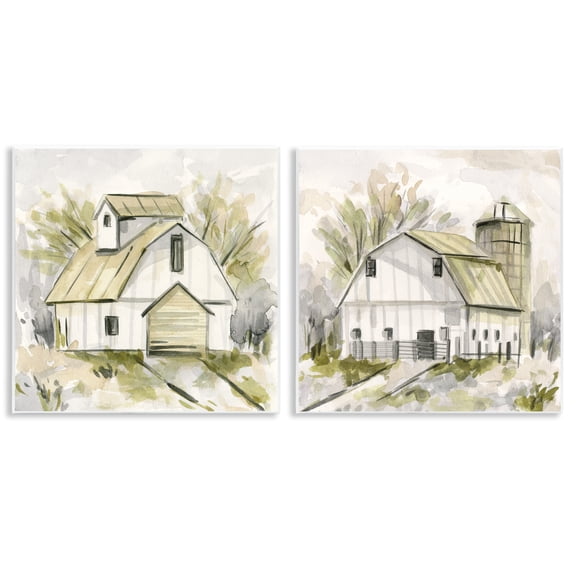 Stupell Industries Sketch Drawing Barn Silo Landscape & Nature Painting Unframed Art Print Wall Art, 12 x 12, Set of 2