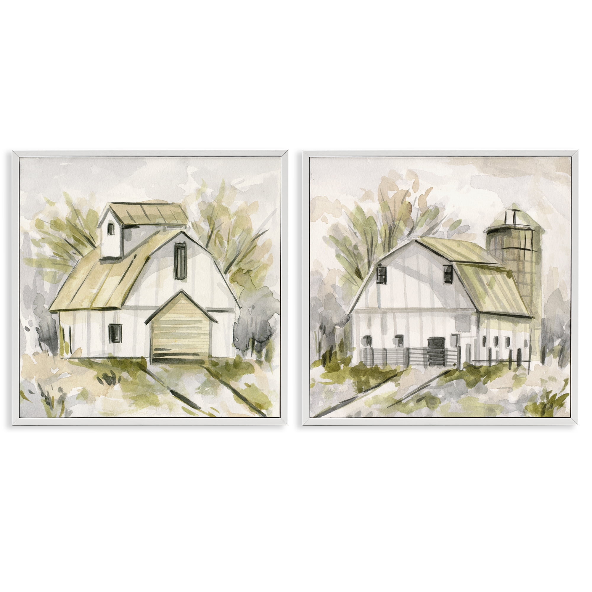 Stupell Industries Sketch Drawing Barn Silo Landscape & Nature Painting White Framed Art Print Wall Art, 17 x 17, Set of 2