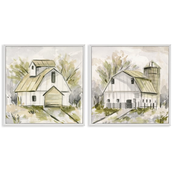 Stupell Industries Sketch Drawing Barn Silo Landscape & Nature Painting White Framed Art Print Wall Art, 24 x 24, Set of 2