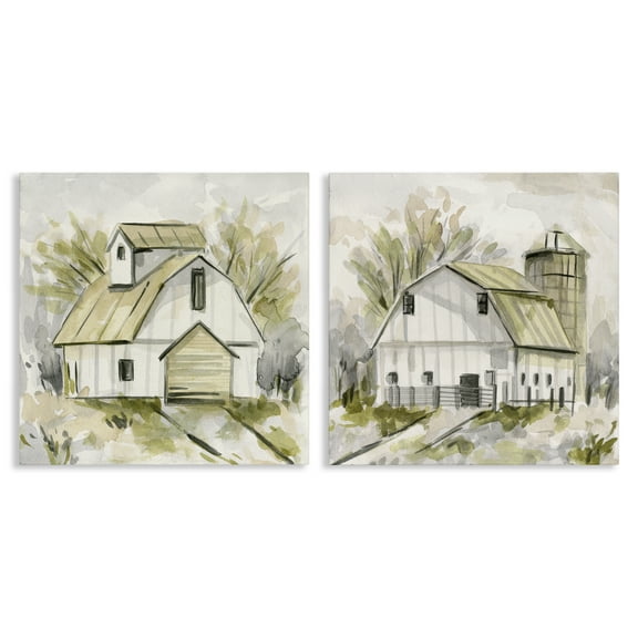 Stupell Industries Sketch Drawing Barn Silo Landscape & Nature Painting Wrapped Canvas Art Print Wall Art, 17 x 17, Set of 2
