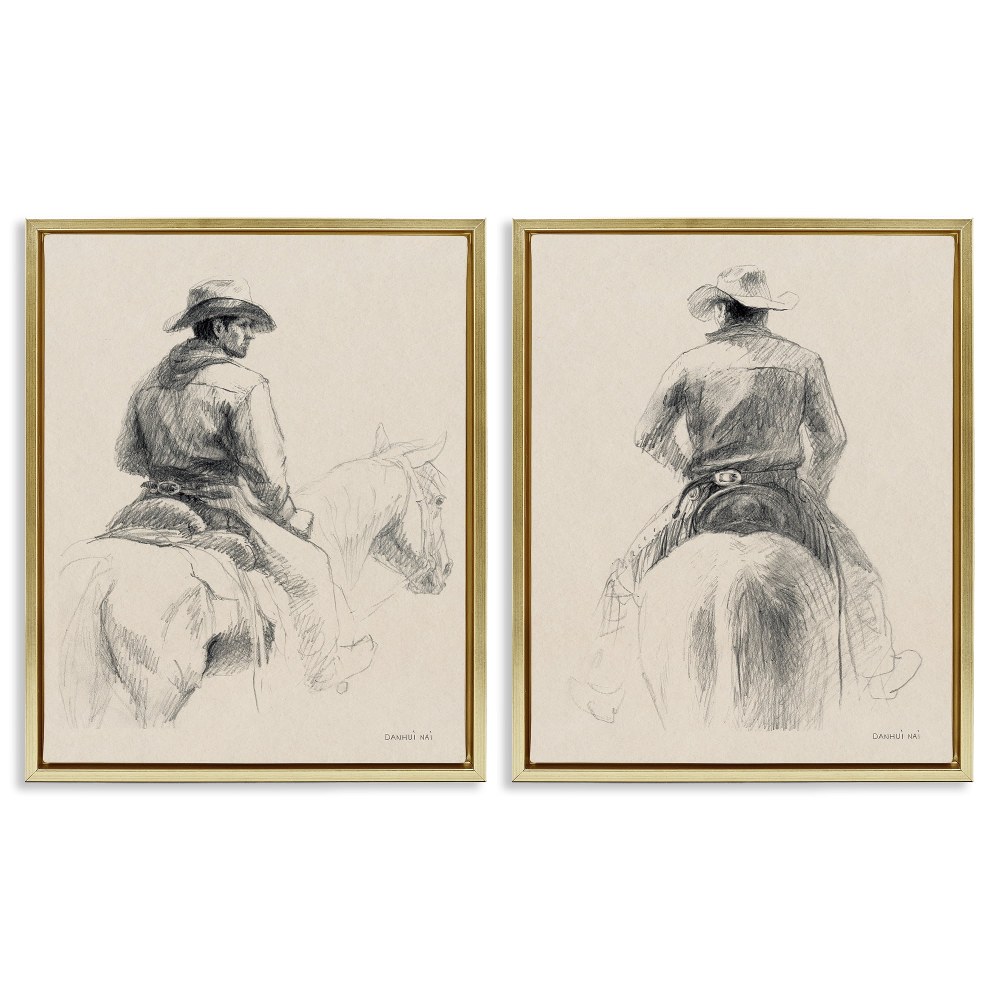 Stupell Industries Sketched Cowboy on Range People Drawing Gold Floater Framed Canvas Art Print Wall Art, 17 x 21, Set of 2