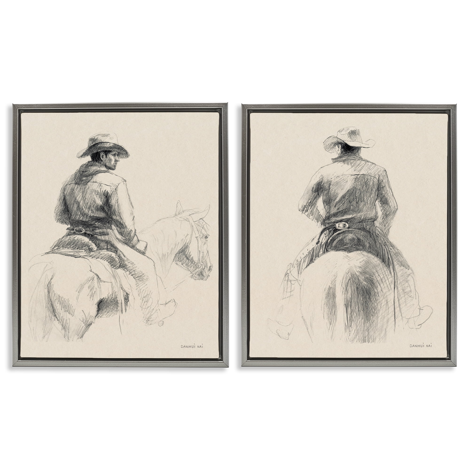 Stupell Industries Sketched Cowboy on Range People Drawing Gray Floater Framed Canvas Art Print Wall Art, 17 x 21, Set of 2
