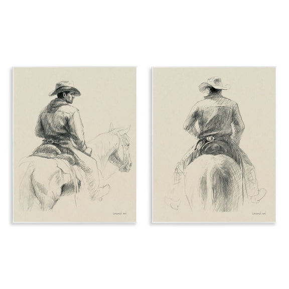 Stupell Industries Sketched Cowboy on Range People Drawing Unframed Art Print Wall Art, 11 x 14, Set of 2