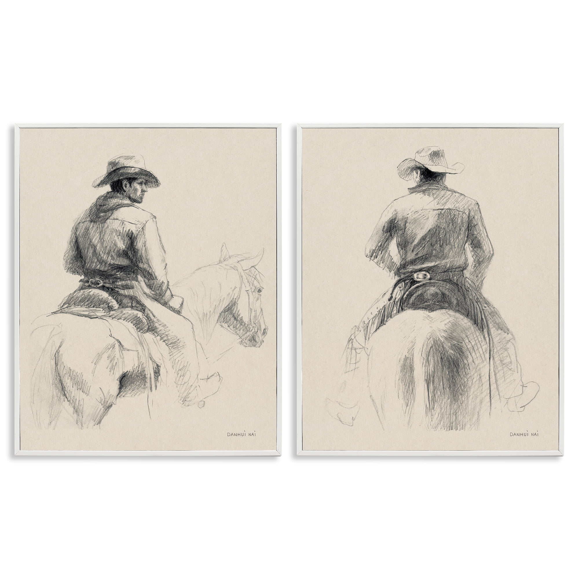 Stupell Industries Sketched Cowboy on Range People Drawing White Framed Art Print Wall Art, 11 x 14, Set of 2