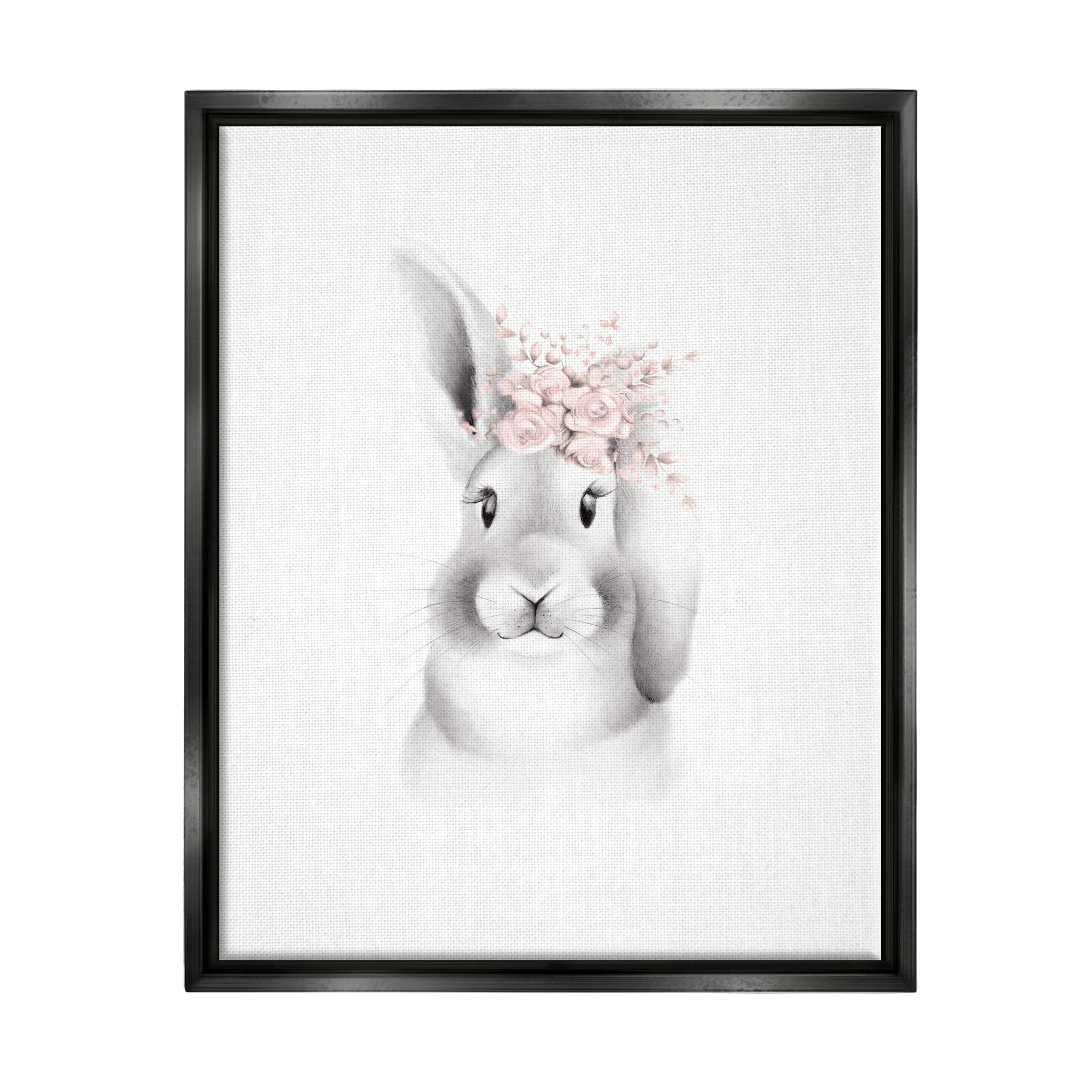 Stupell Industries Sketched Fluffy Bunny Flowers Jet Black Framed Floating Canvas Wall Art, 16x20, by Studio Q