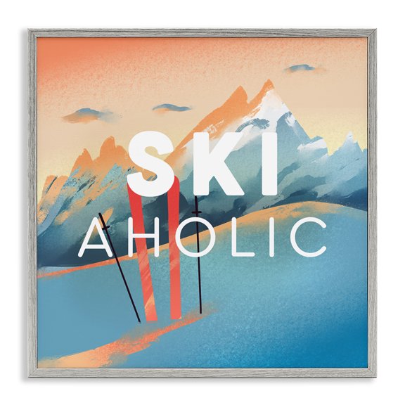 Stupell Industries Eclectic Ski-Aholic Phrase Sunset Snowy Blue Mountains Winter Sport Gray Framed Giclee Art, 12 x 12, by Ziwei Li