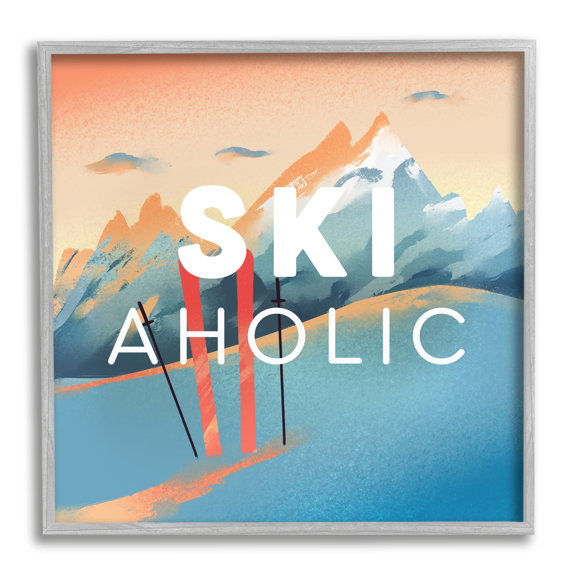 Stupell Industries Ski-Aholic Phrase Sunset Snowy Blue Mountains Winter Sport, 17 x 17, Design by Ziwei Li