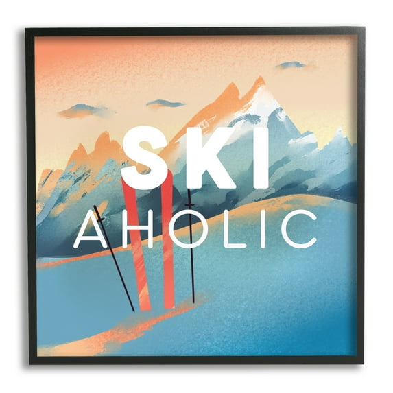 Stupell Industries Ski-Aholic Phrase Sunset Snowy Blue Mountains Winter Sport, 17 x 30, Design by Ziwei Li