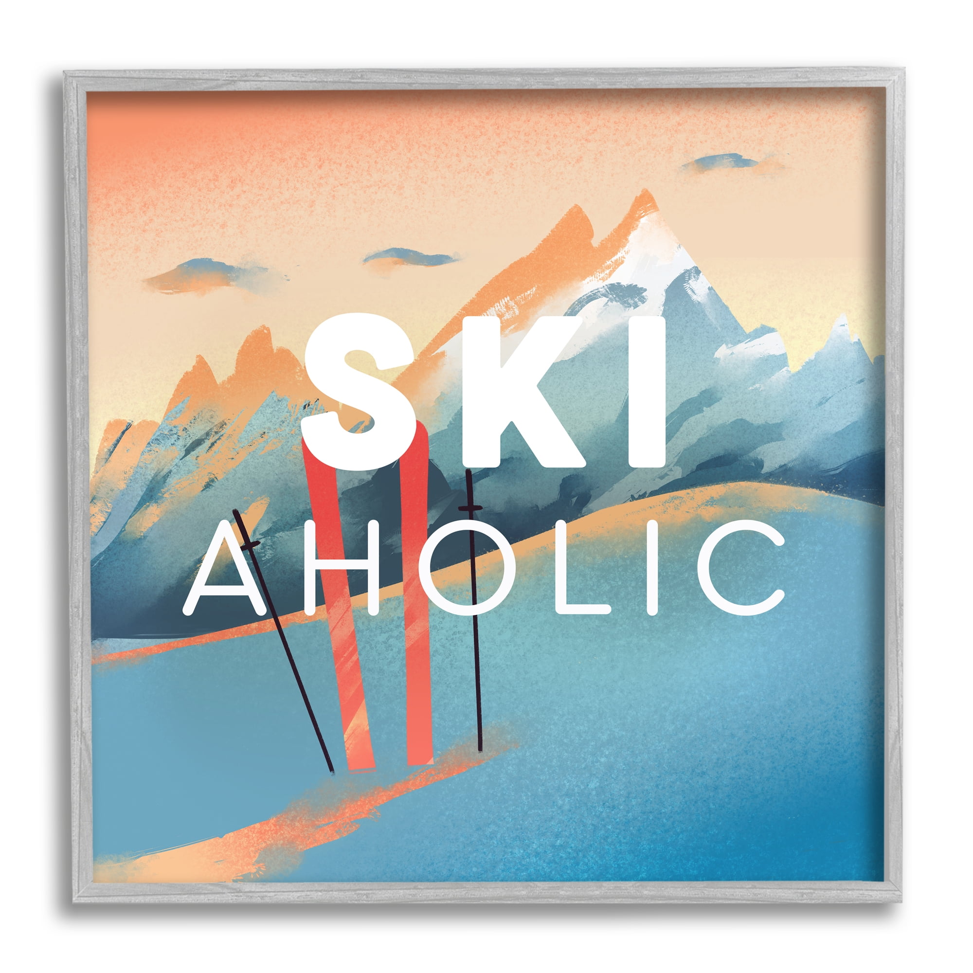 Stupell Industries Ski-Aholic Phrase Sunset Snowy Blue Mountains Winter Sport, 24 x 24, Design by Ziwei Li
